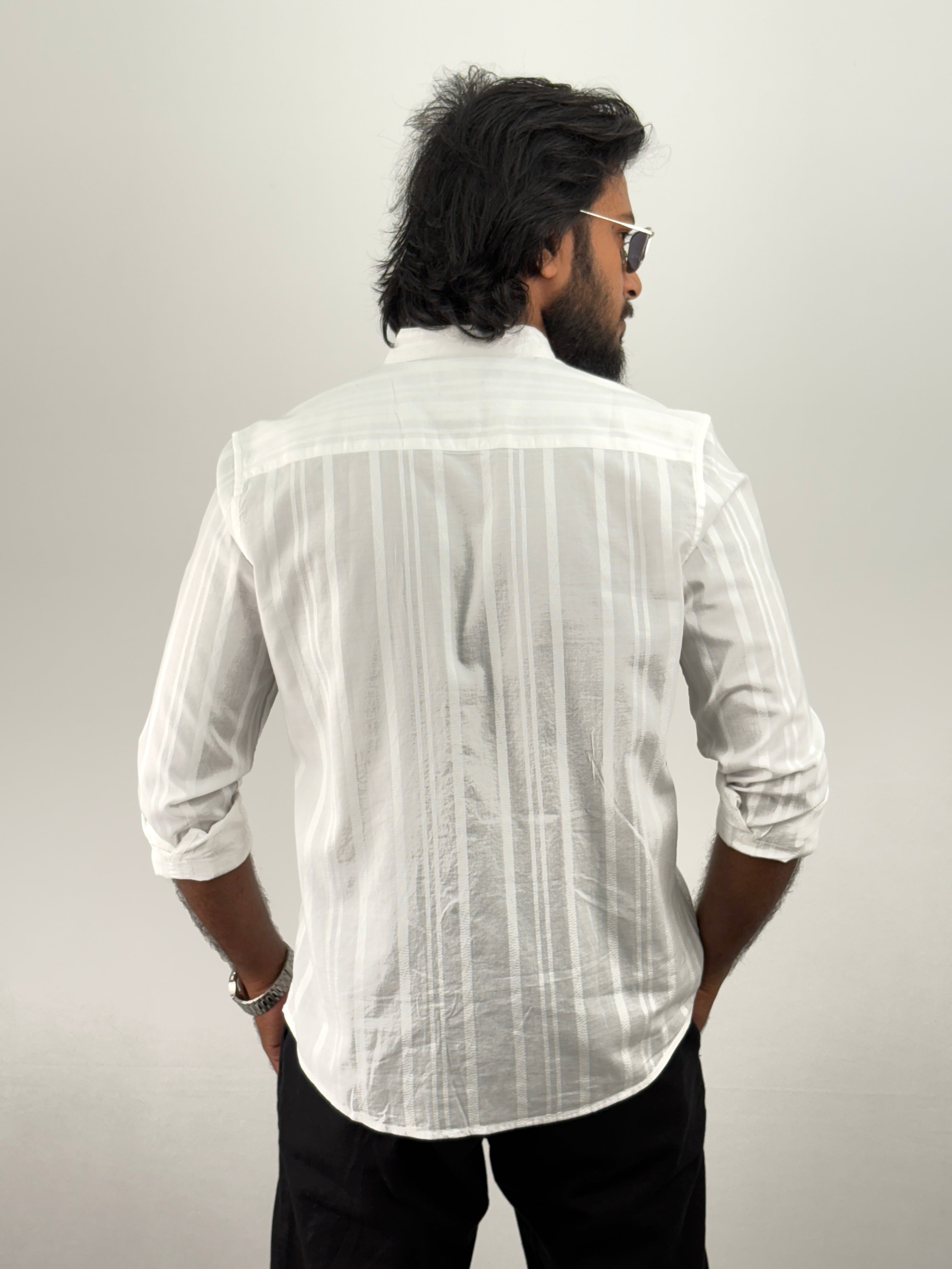 White Mandarin Collar Textured Shirt