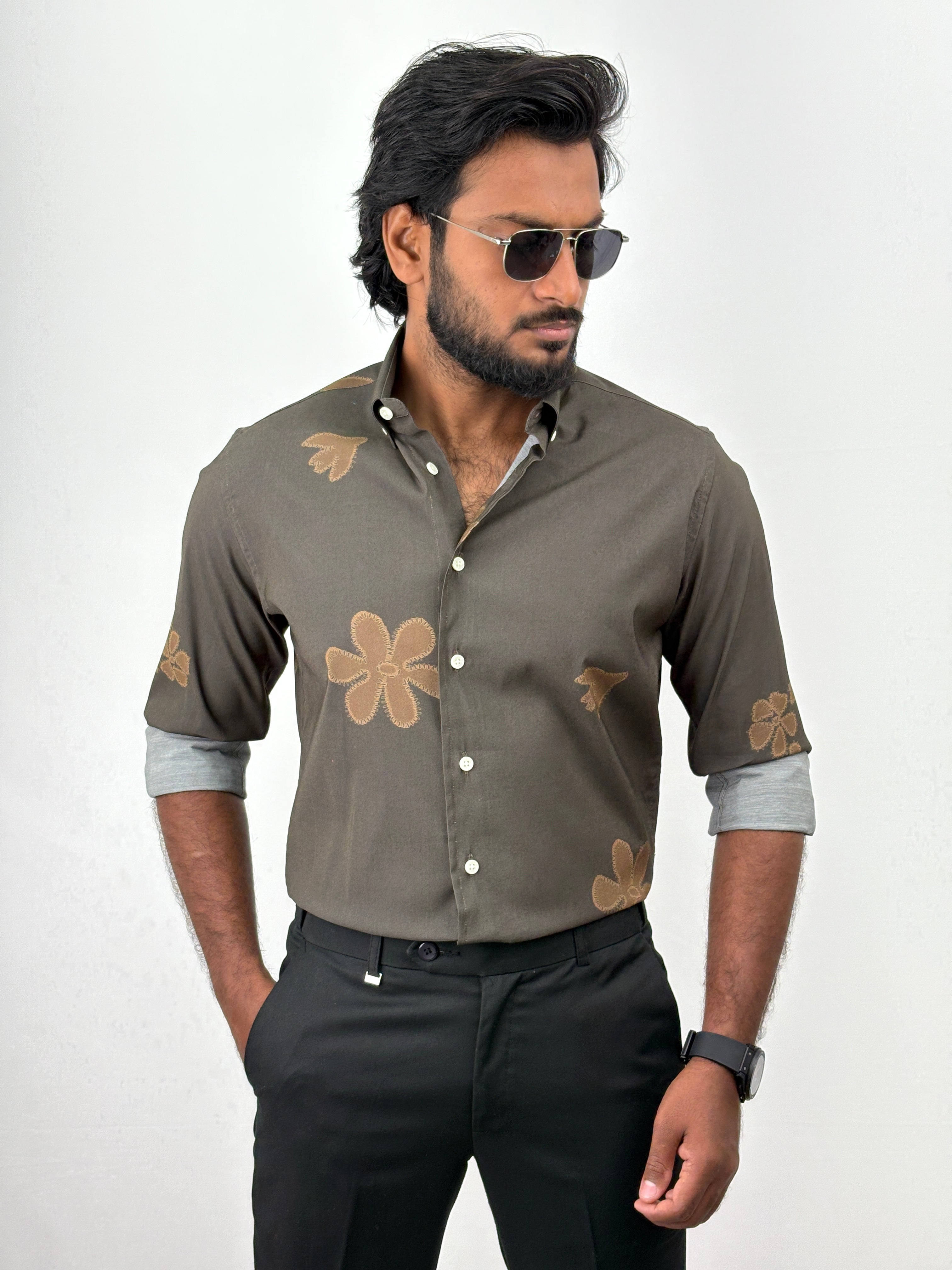 Olive Retro Printed Shirt