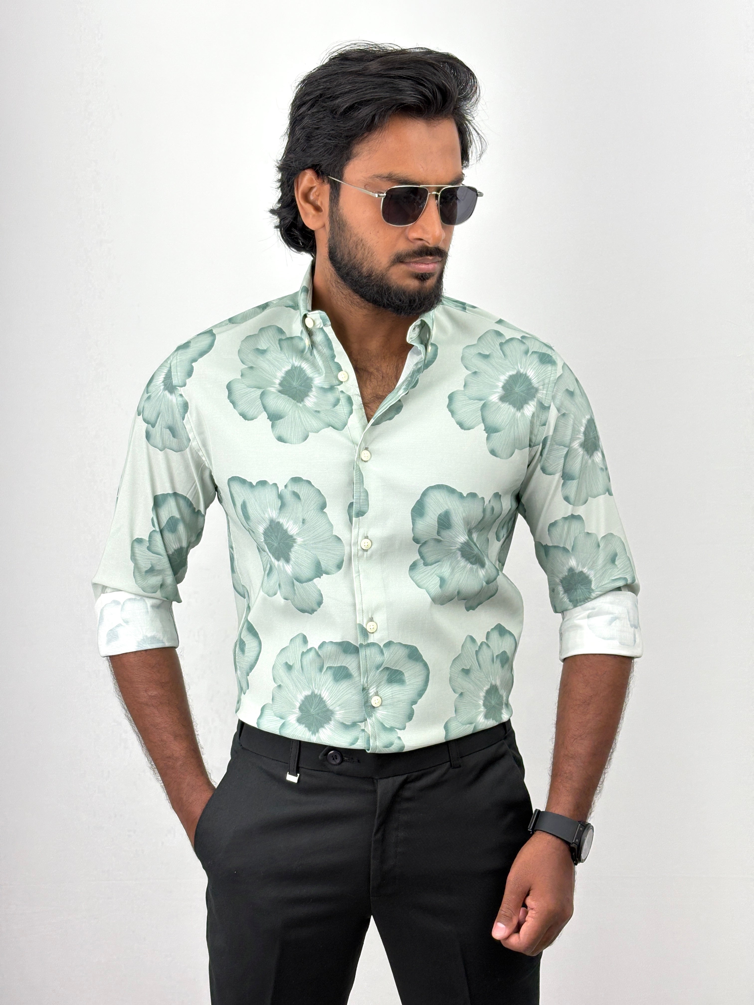 Aqua Green Retro Printed Shirt