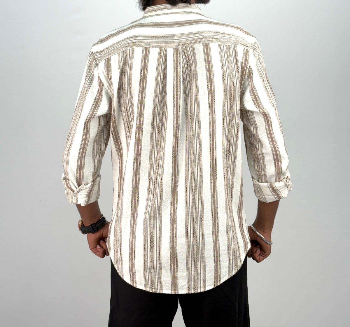 Off White Mandarin Collar Jacquard Stripe Shirt