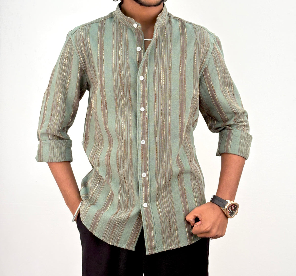 Green Mandarin Collar Jacquard Stripe Shirt