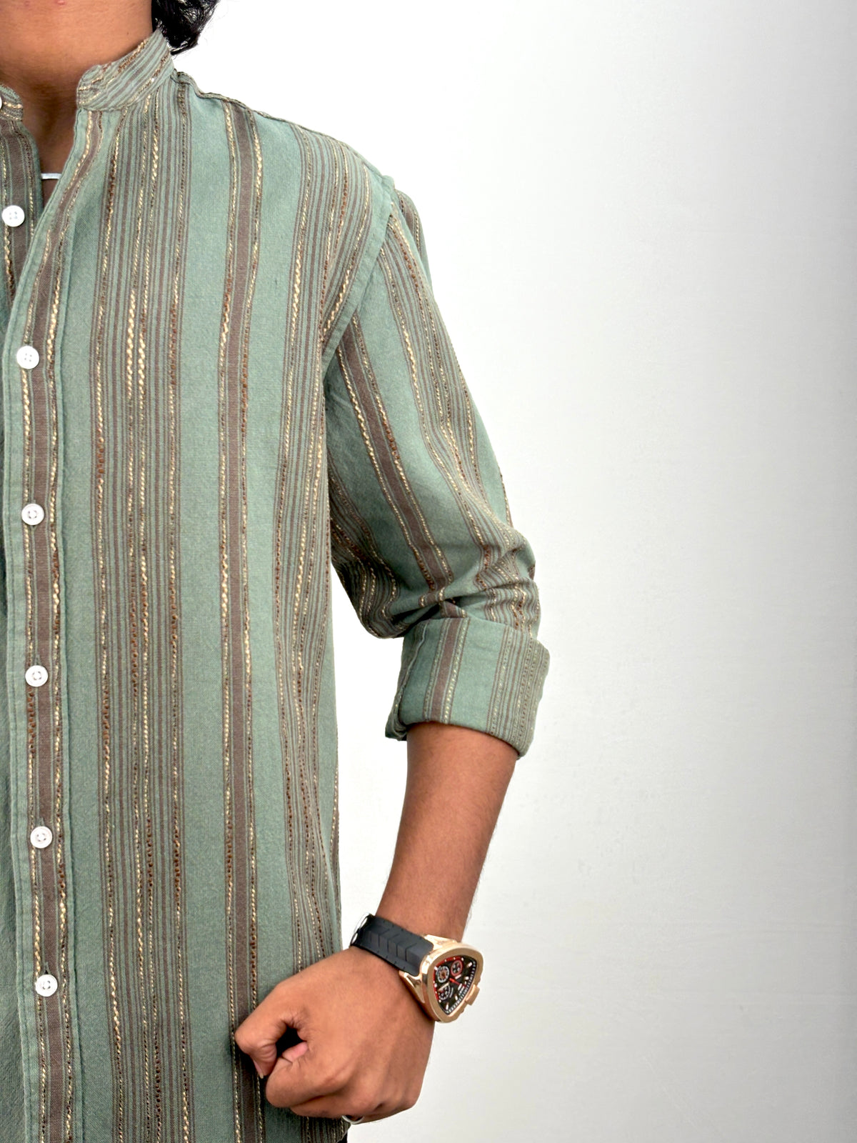 Green Mandarin Collar Jacquard Stripe Shirt