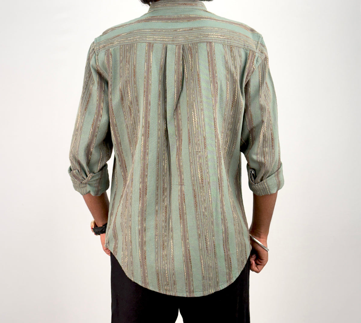 Green Mandarin Collar Jacquard Stripe Shirt