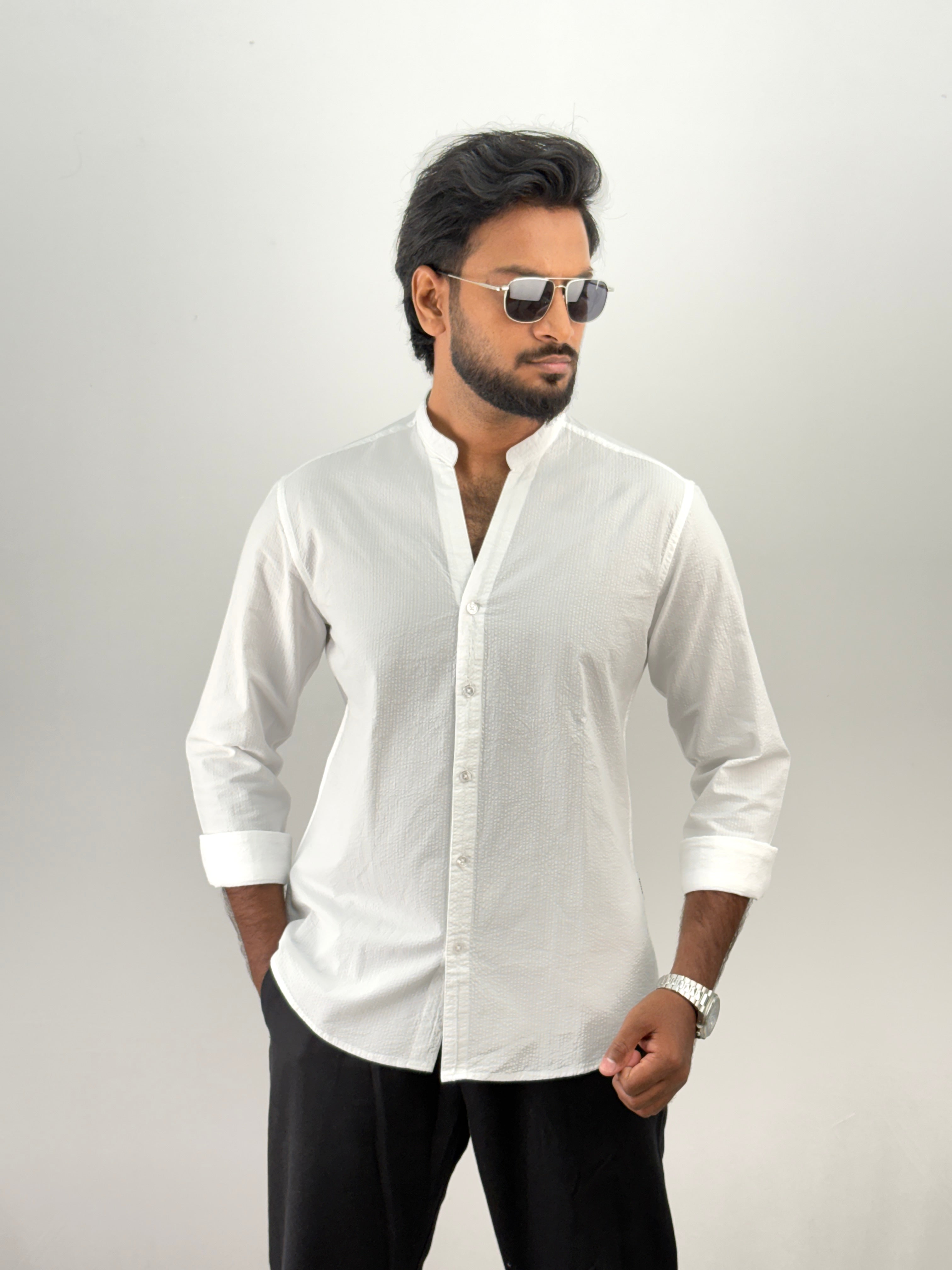 White Mandarin Collar Shirt