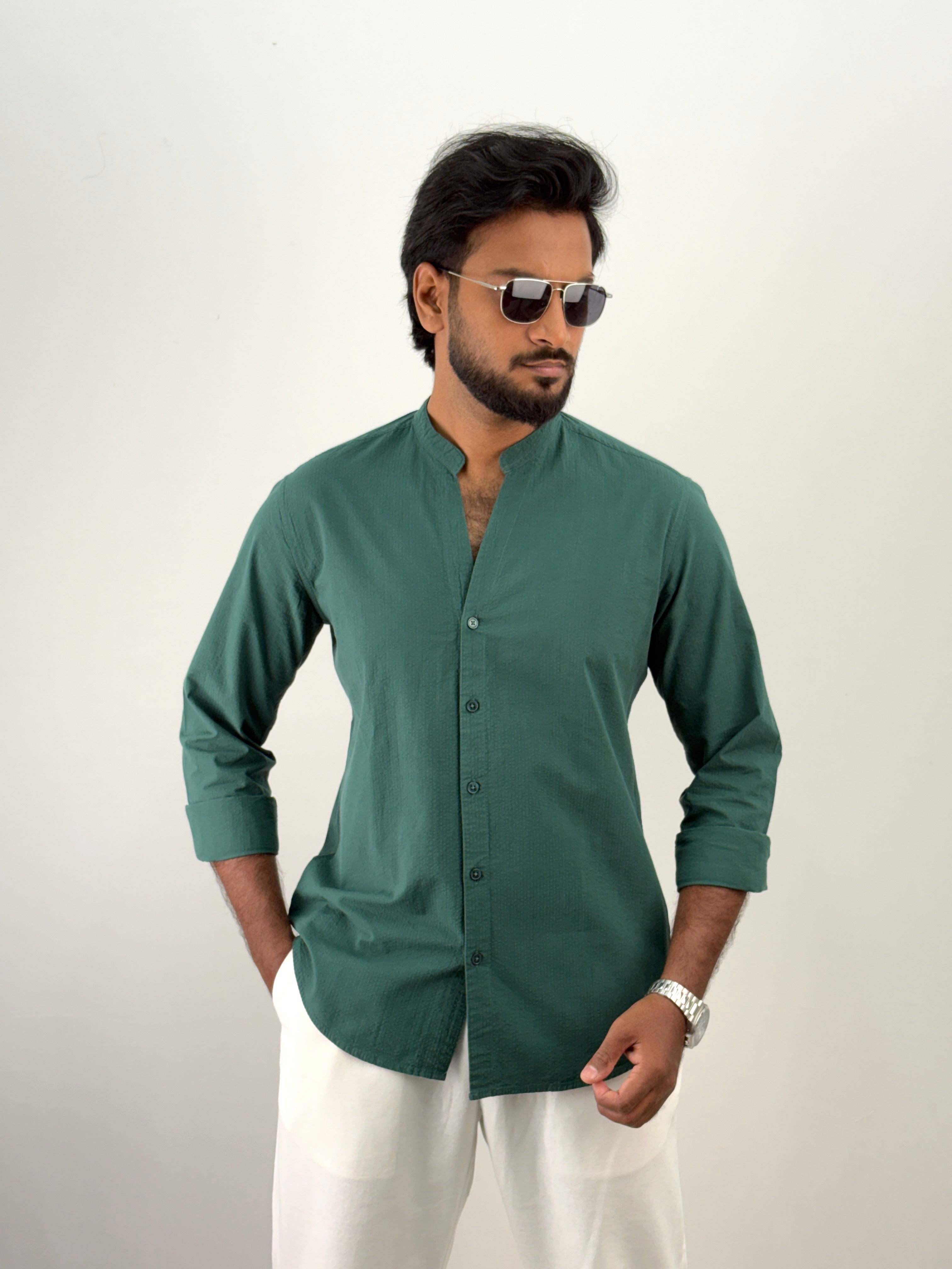 Green Mandarin Collar Shirt