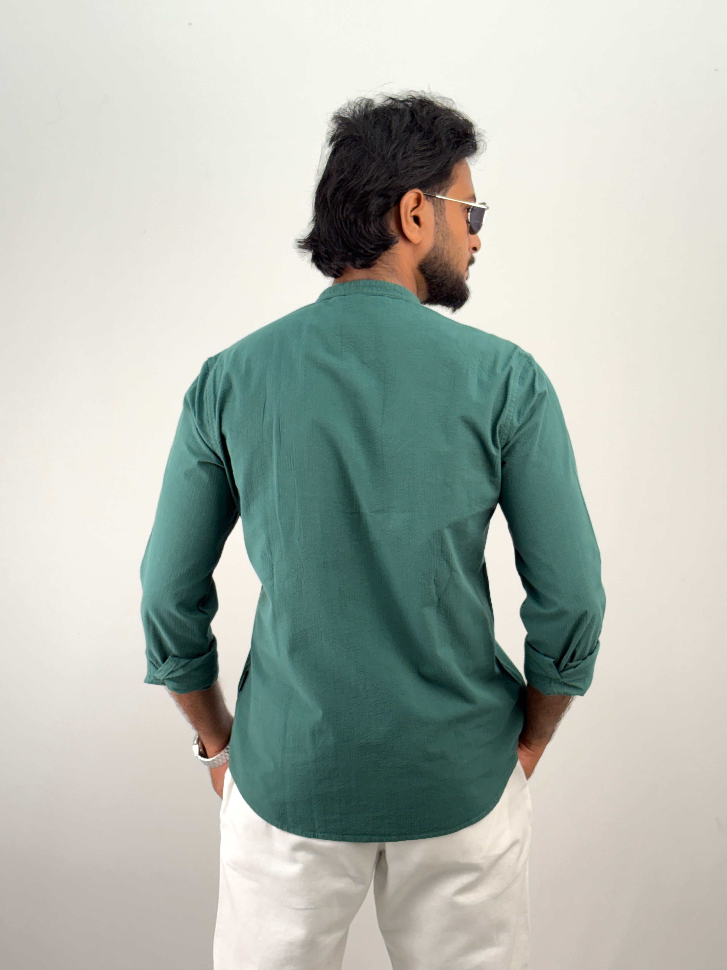 Green Mandarin Collar Shirt