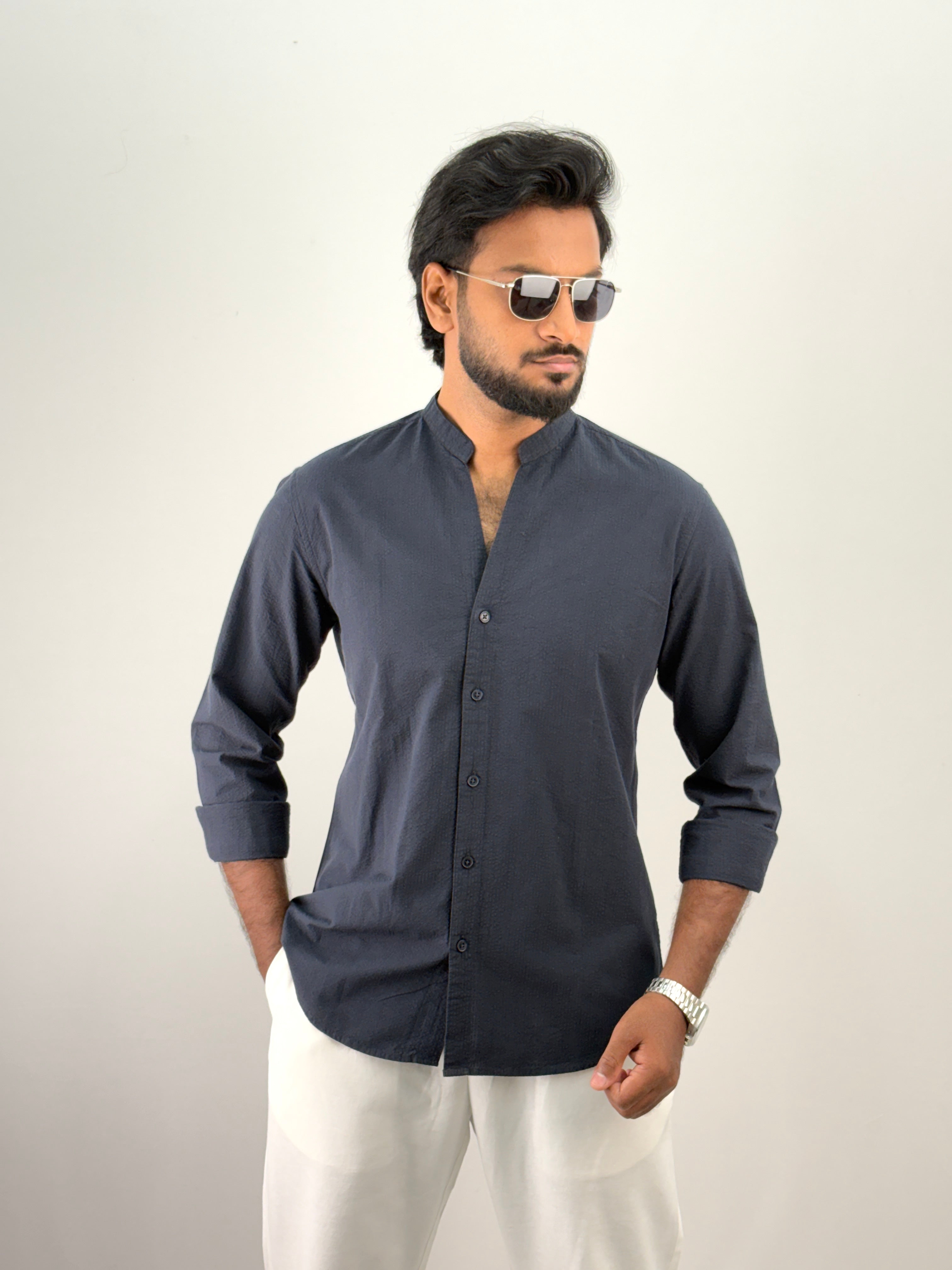 Navy Mandarin Collar Shirt