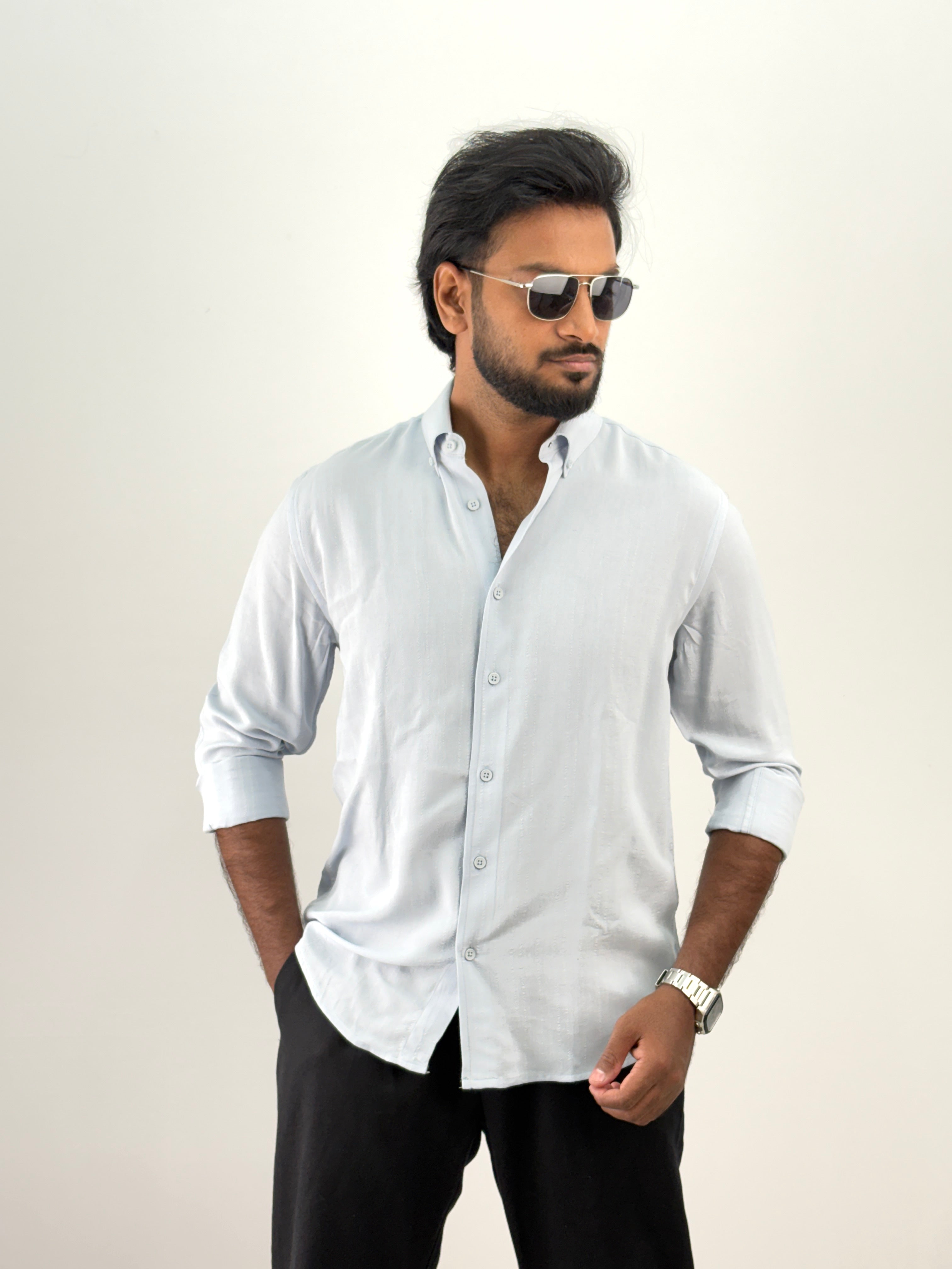 Ice Blue Linen Stripe Shirt