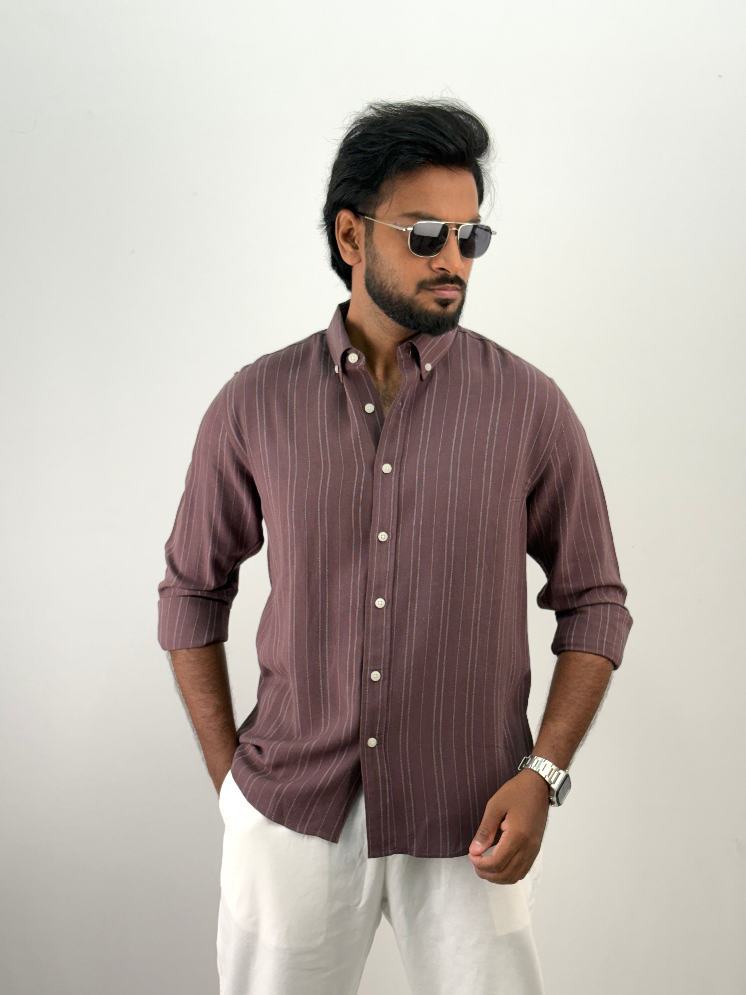 Brown Linen Stripe Shirt
