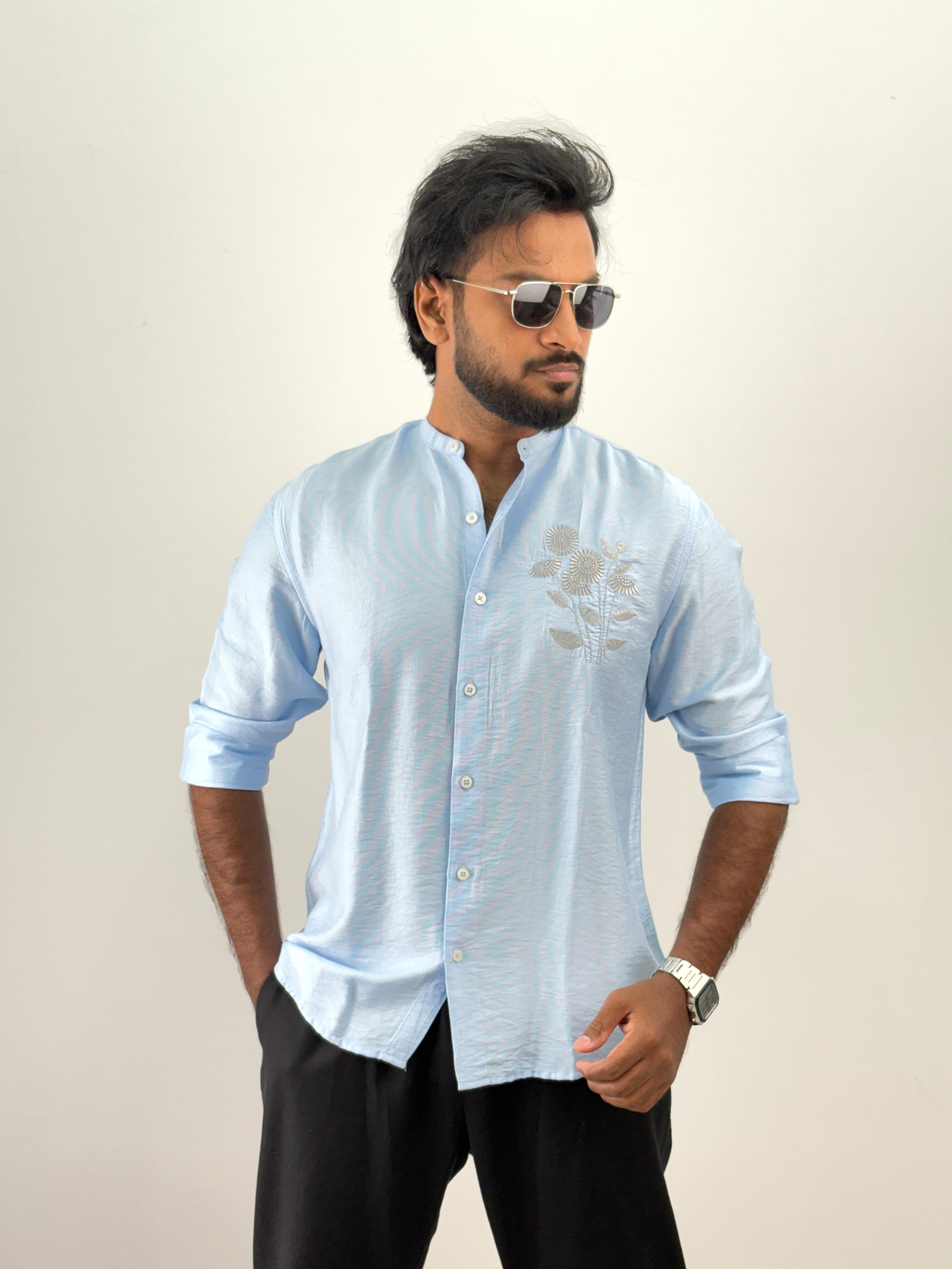 Ice Blue Mandarin Collar Embroidery Shirt