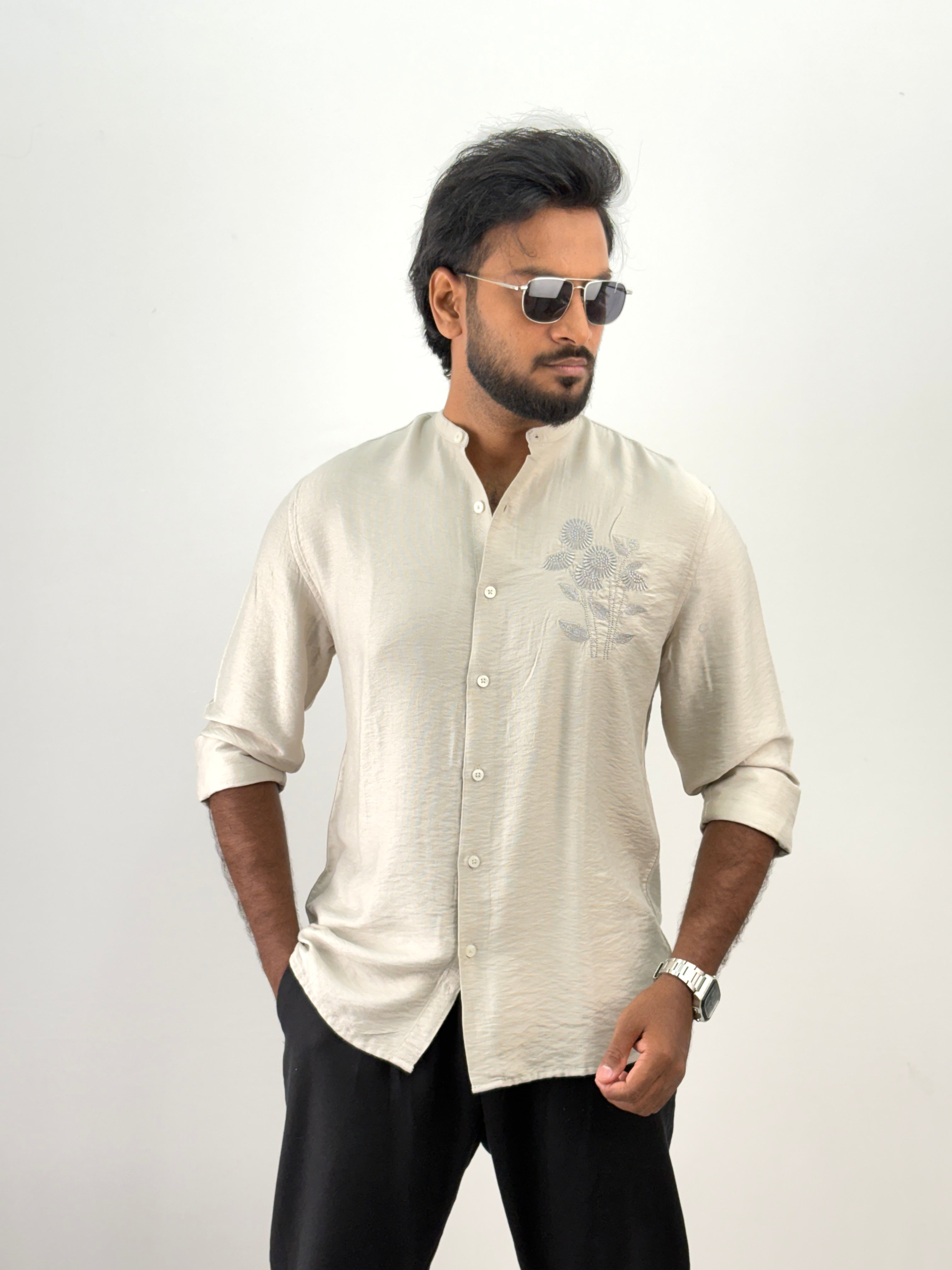 Beige Mandarin Collar Embroidery Shirt