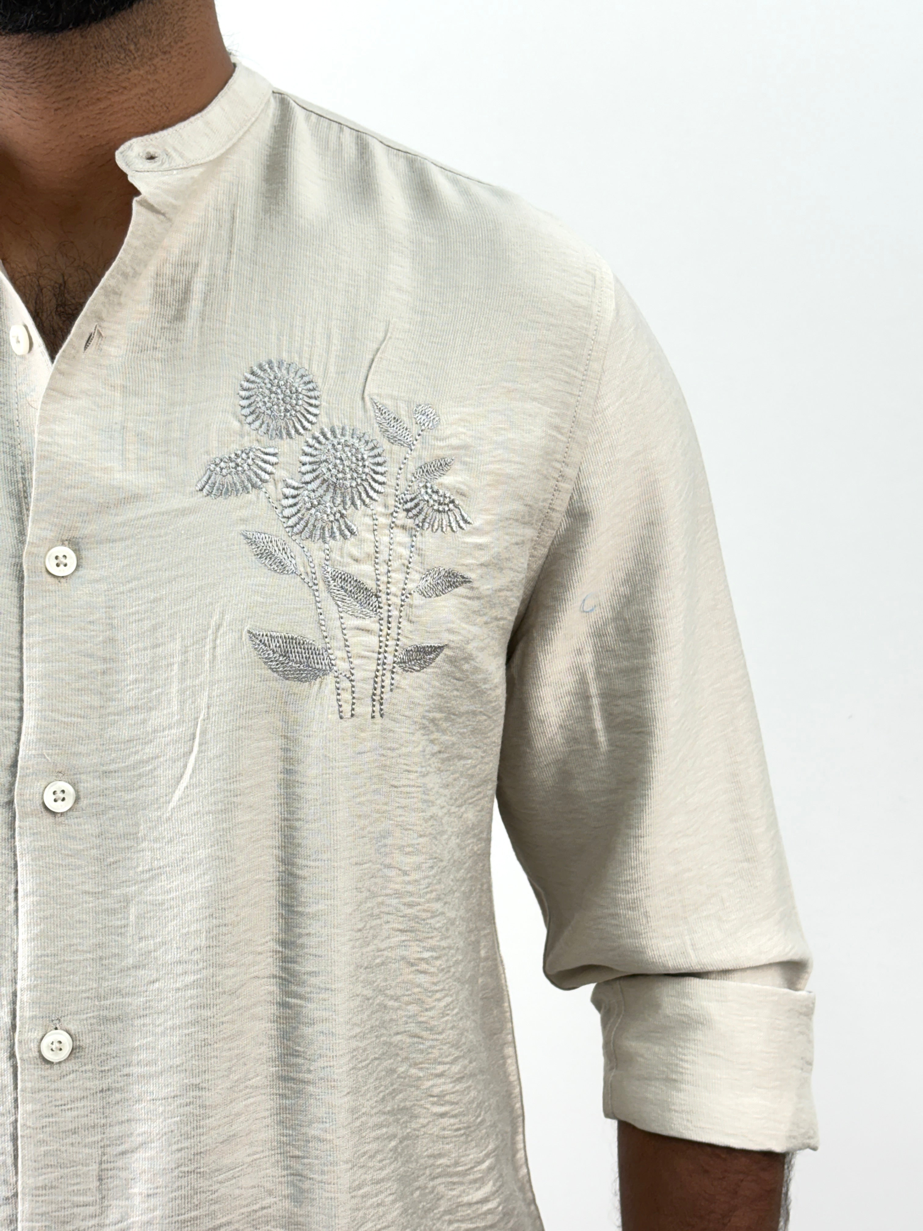 Beige Mandarin Collar Embroidery Shirt