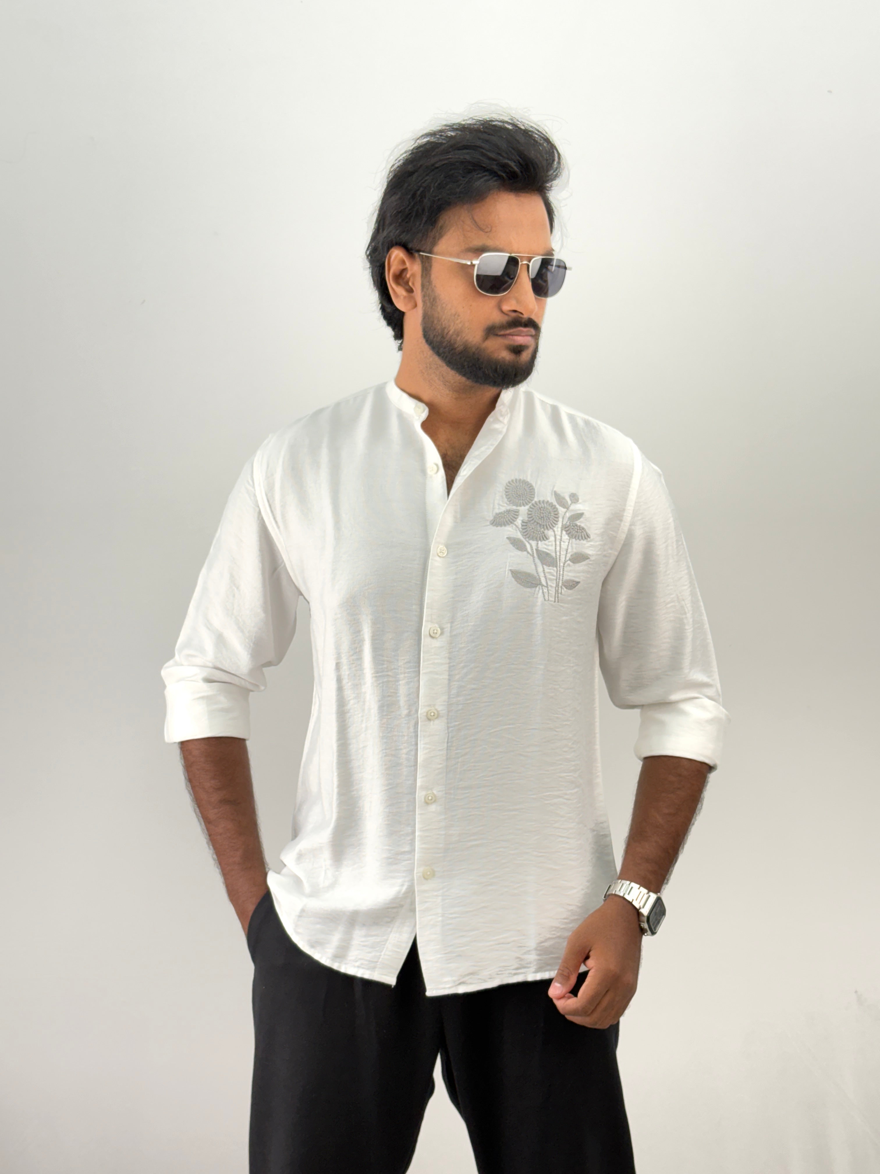 White Mandarin Collar Embroidery Shirt