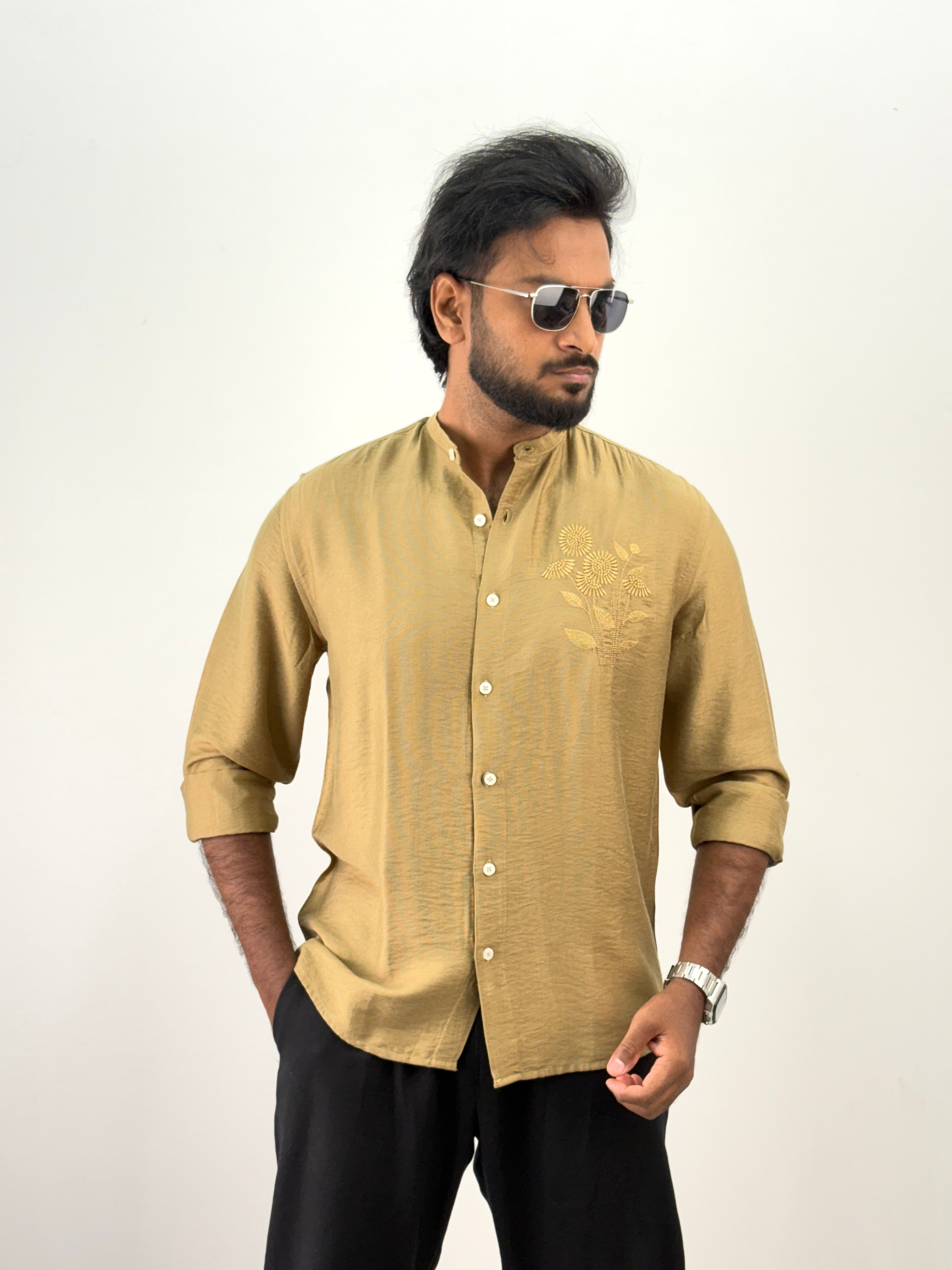 Olive Mandarin Collar Embroidery Shirt