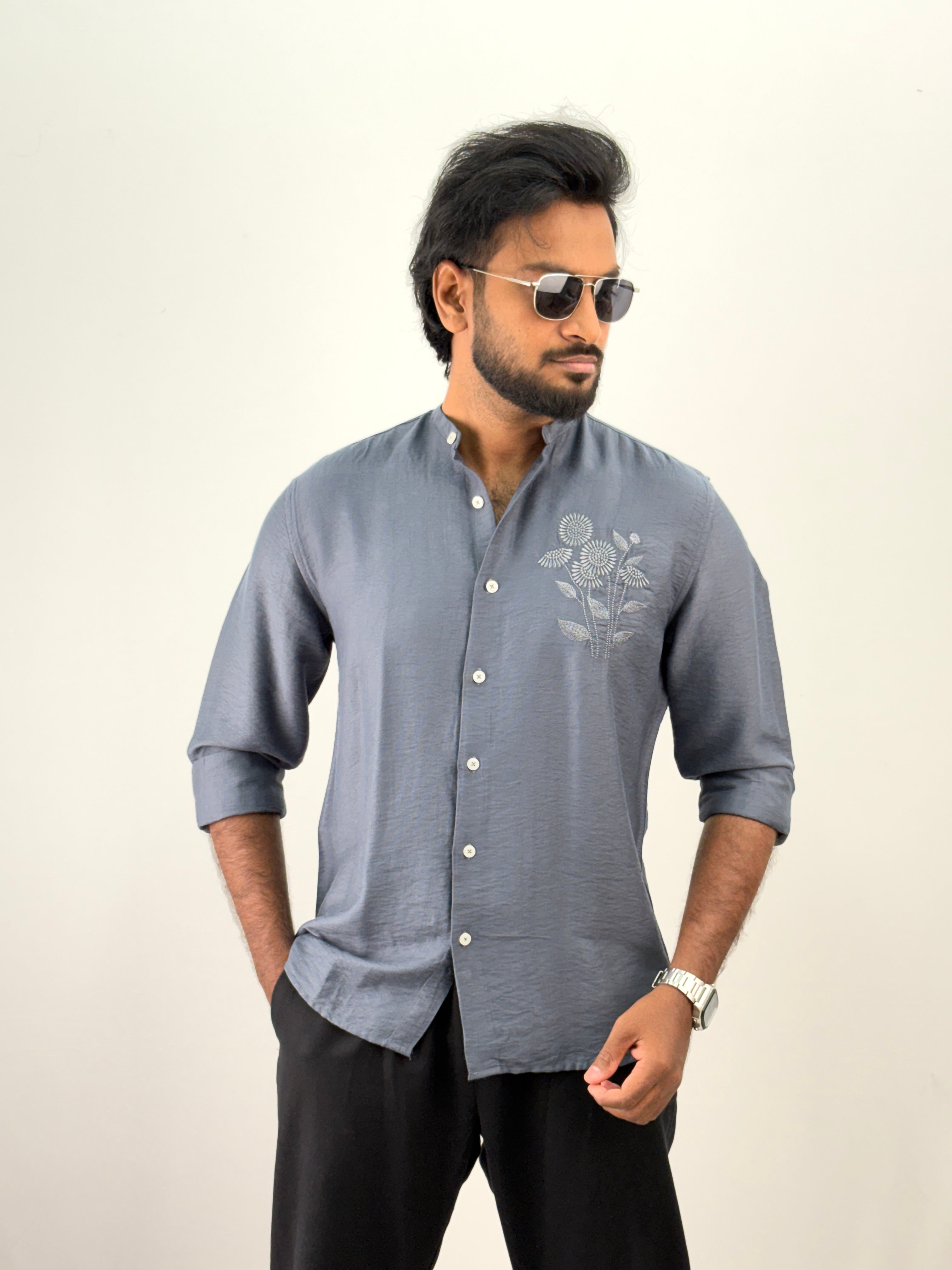 Grey Mandarin Collar Embroidery Shirt