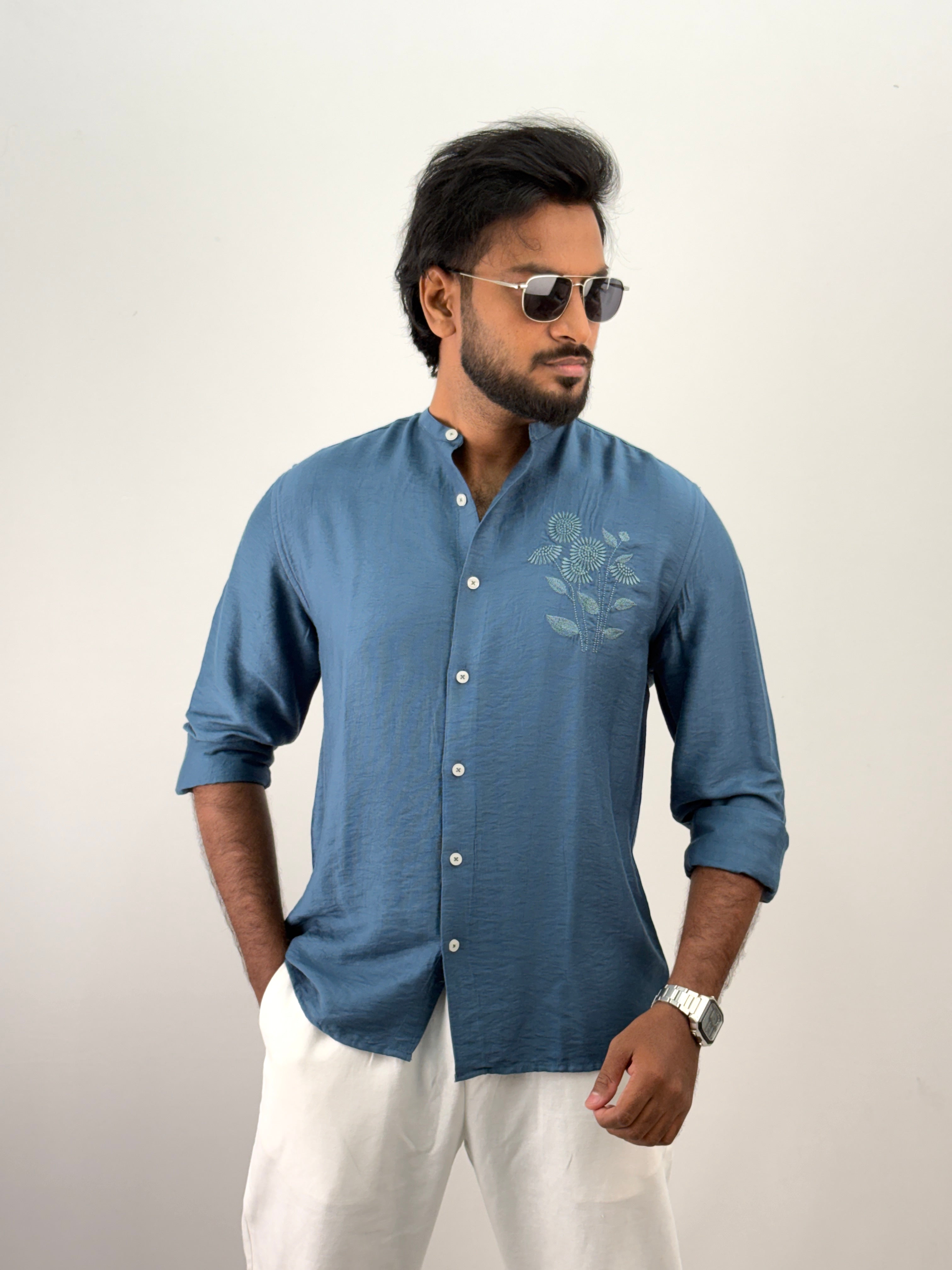 Peacock Mandarin Collar Embroidery Shirt