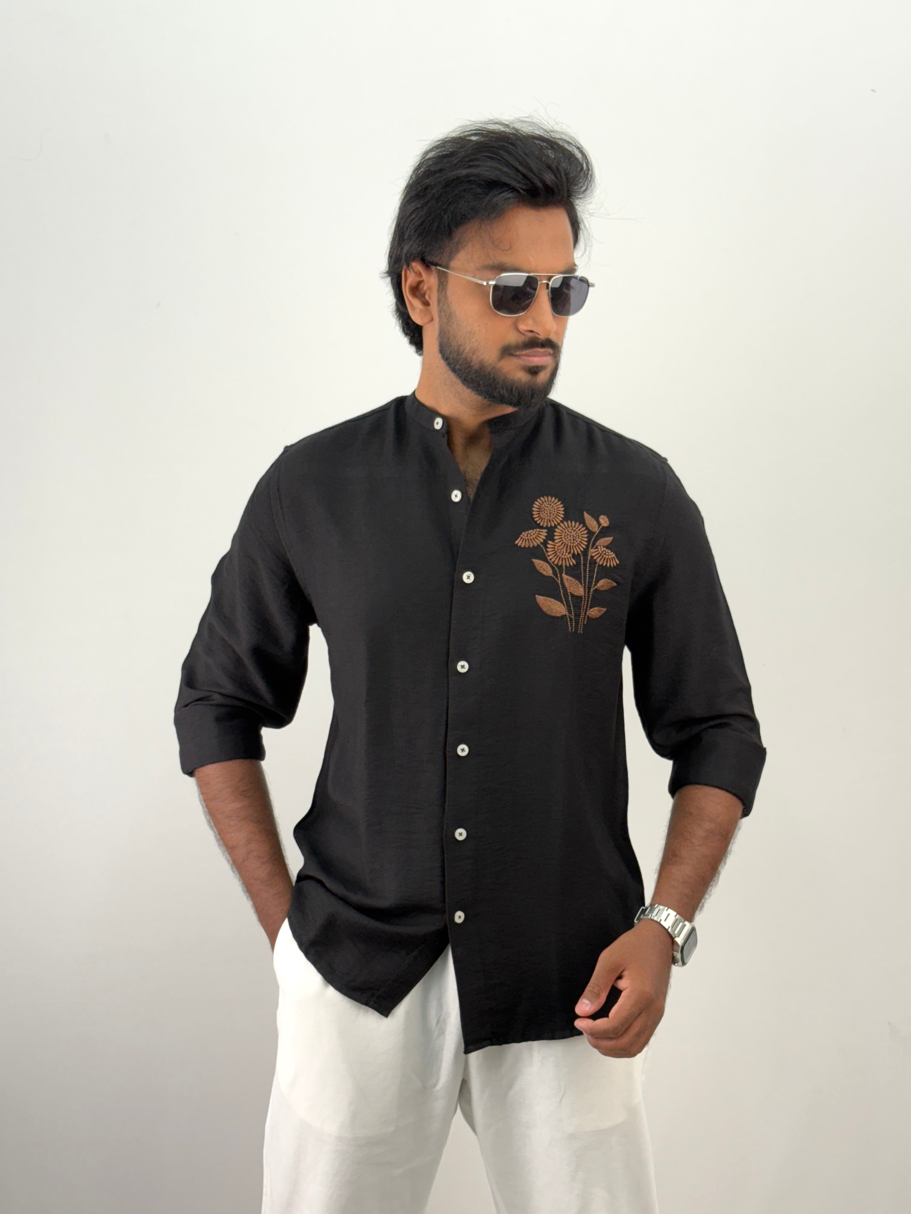 Black Mandarin Collar Embroidery Shirt