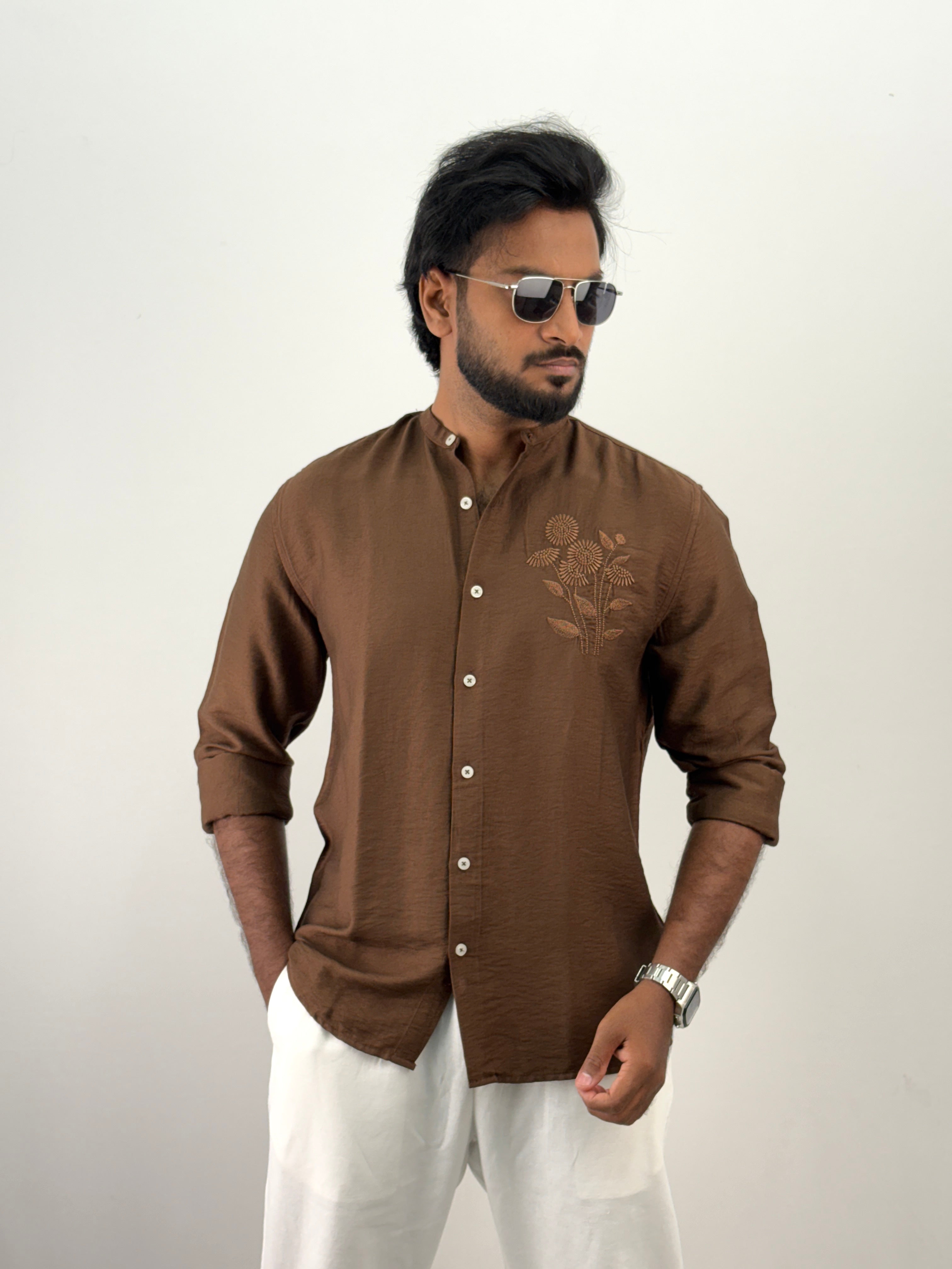 Brown Mandarin Collar Embroidery Shirt