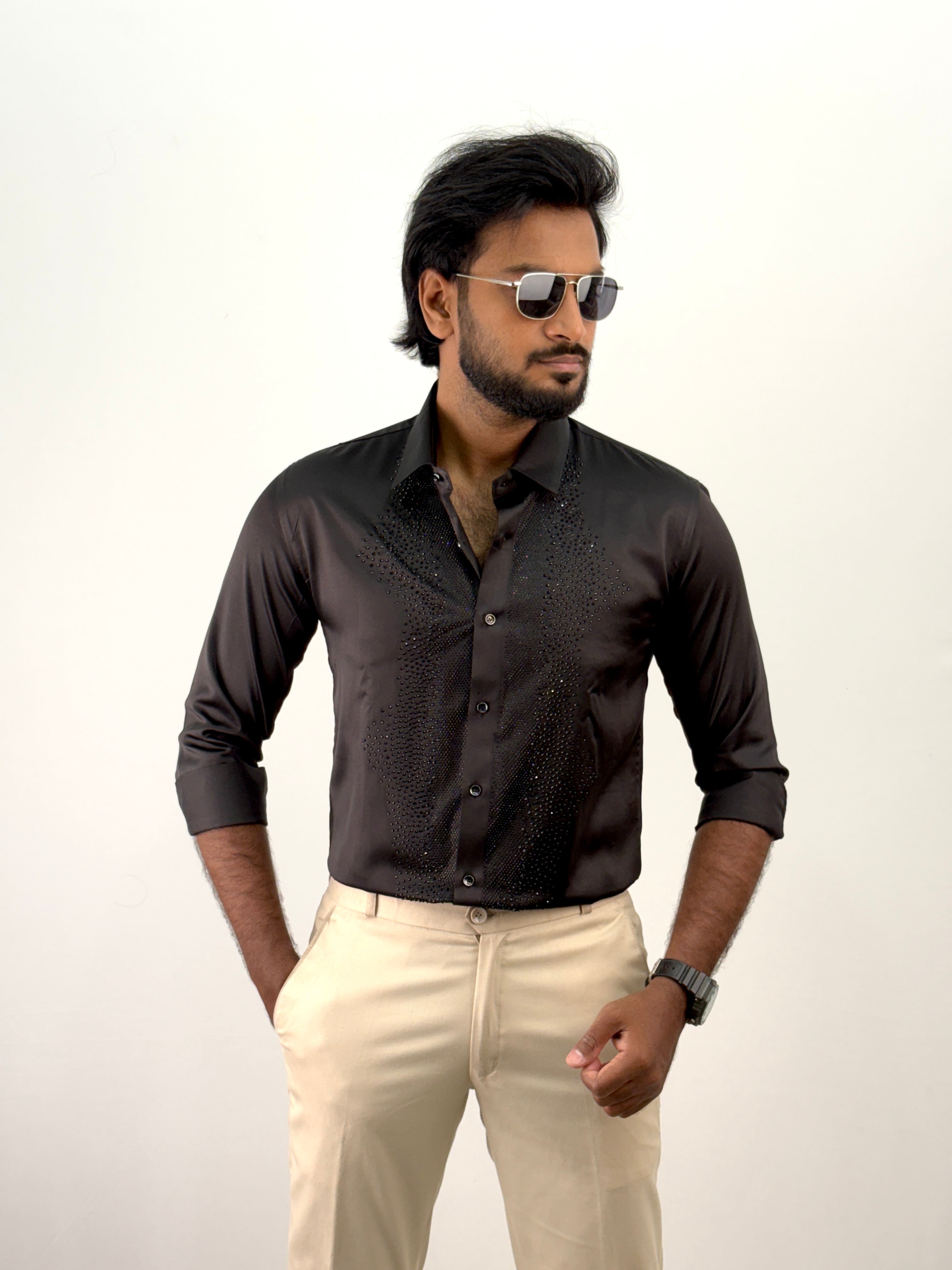 Black Designer Stone Work Shirt 16