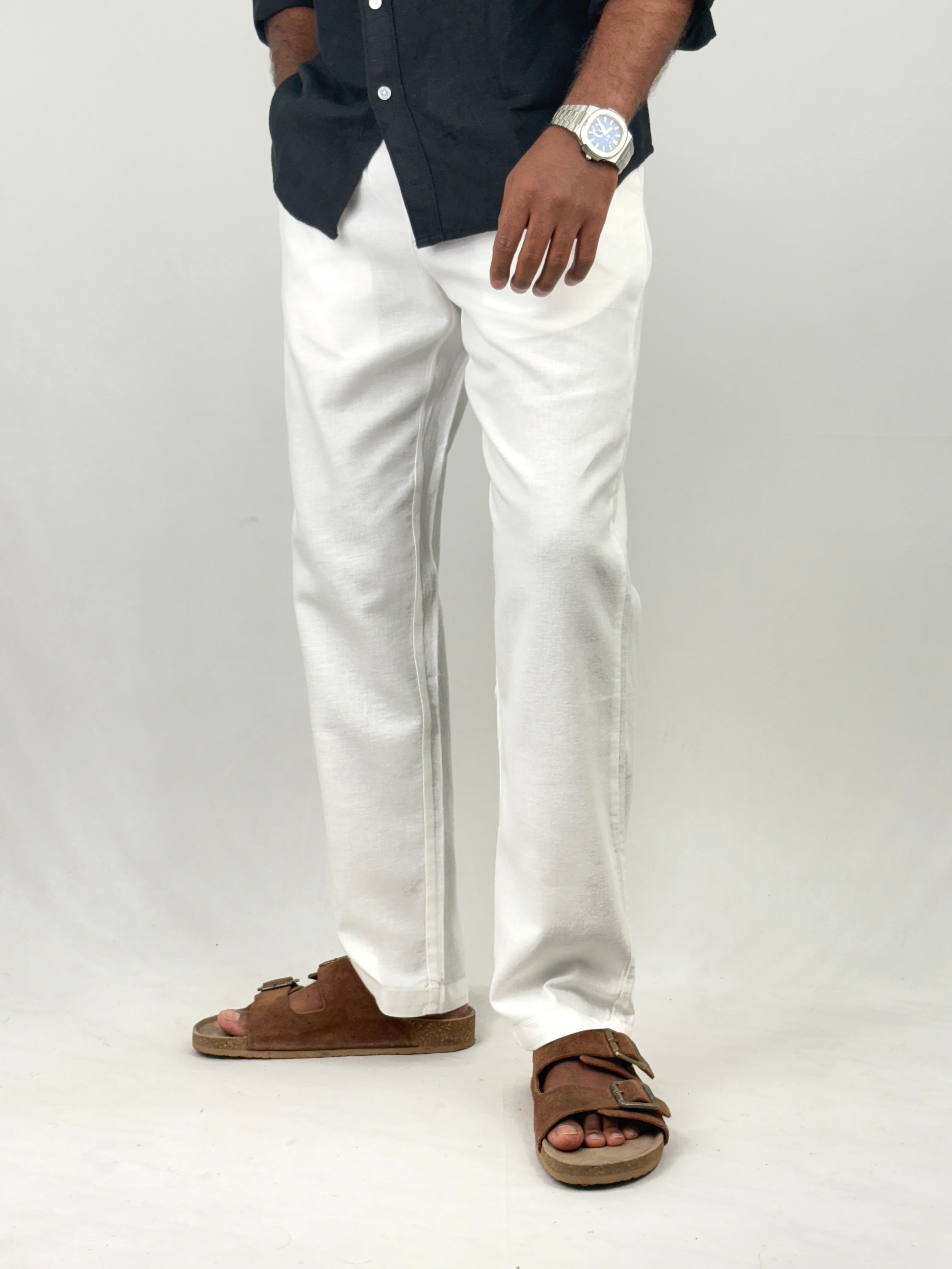 White Relaxed Fit Linen Pant