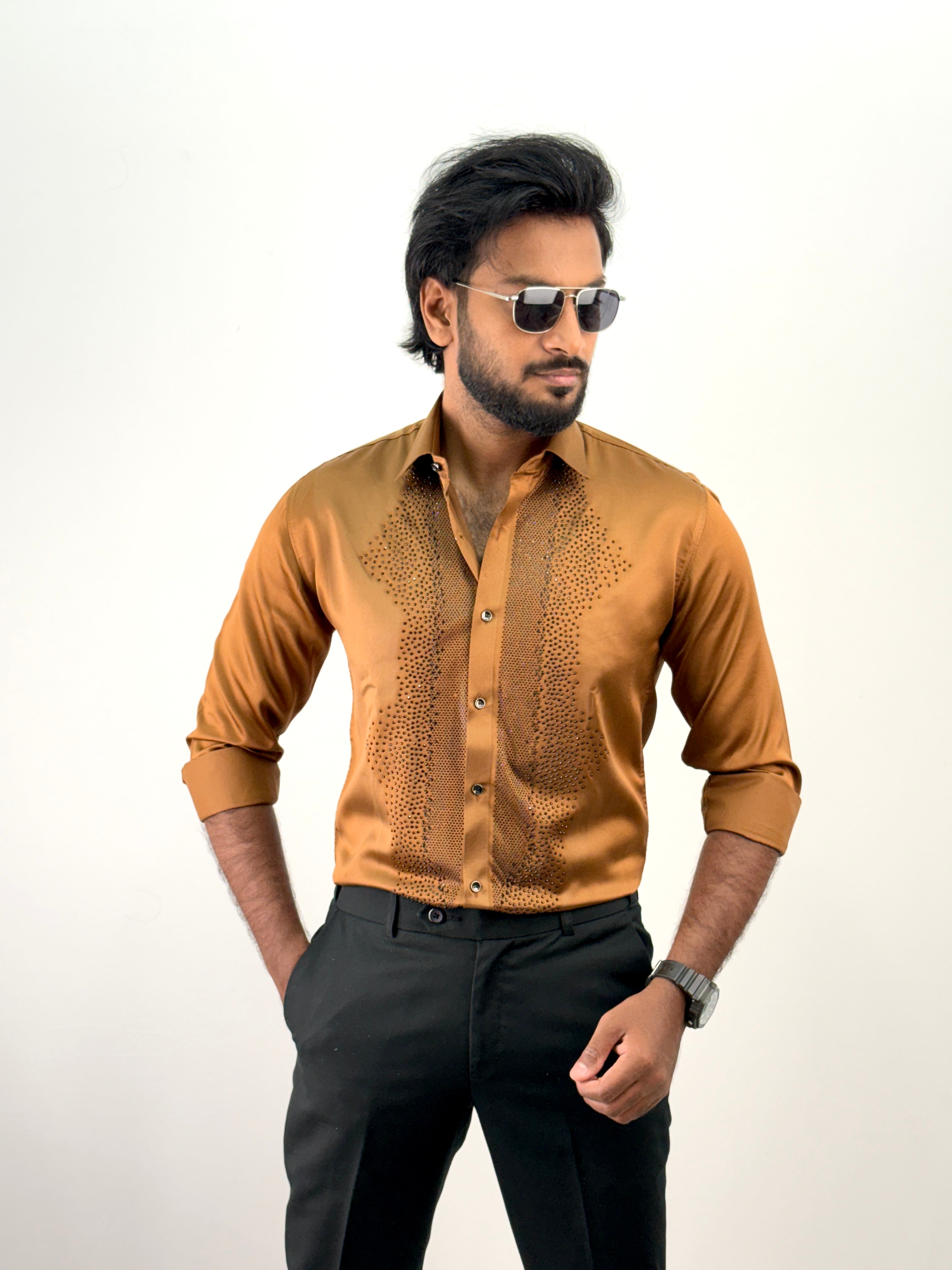 Brown Designer Stone Work Shirt 16