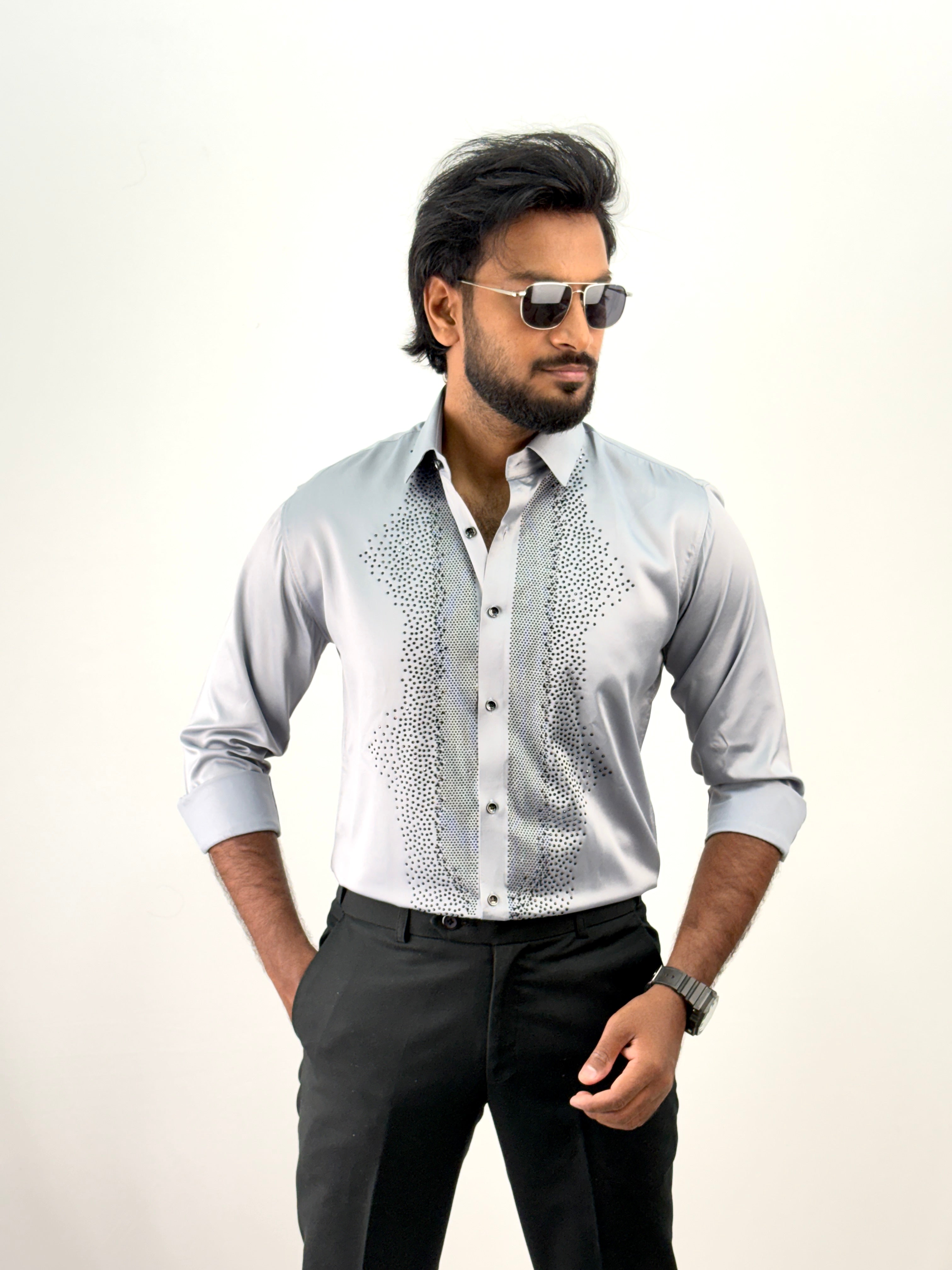 Grey Designer Stone Work Shirt 16