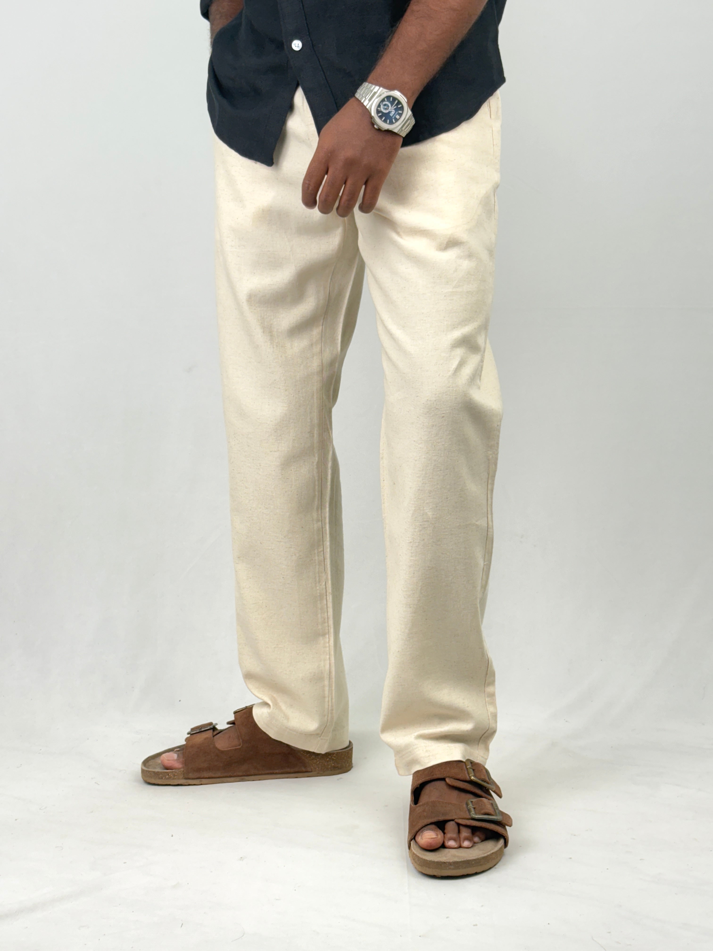 Biege Relaxed Fit Linen Pant
