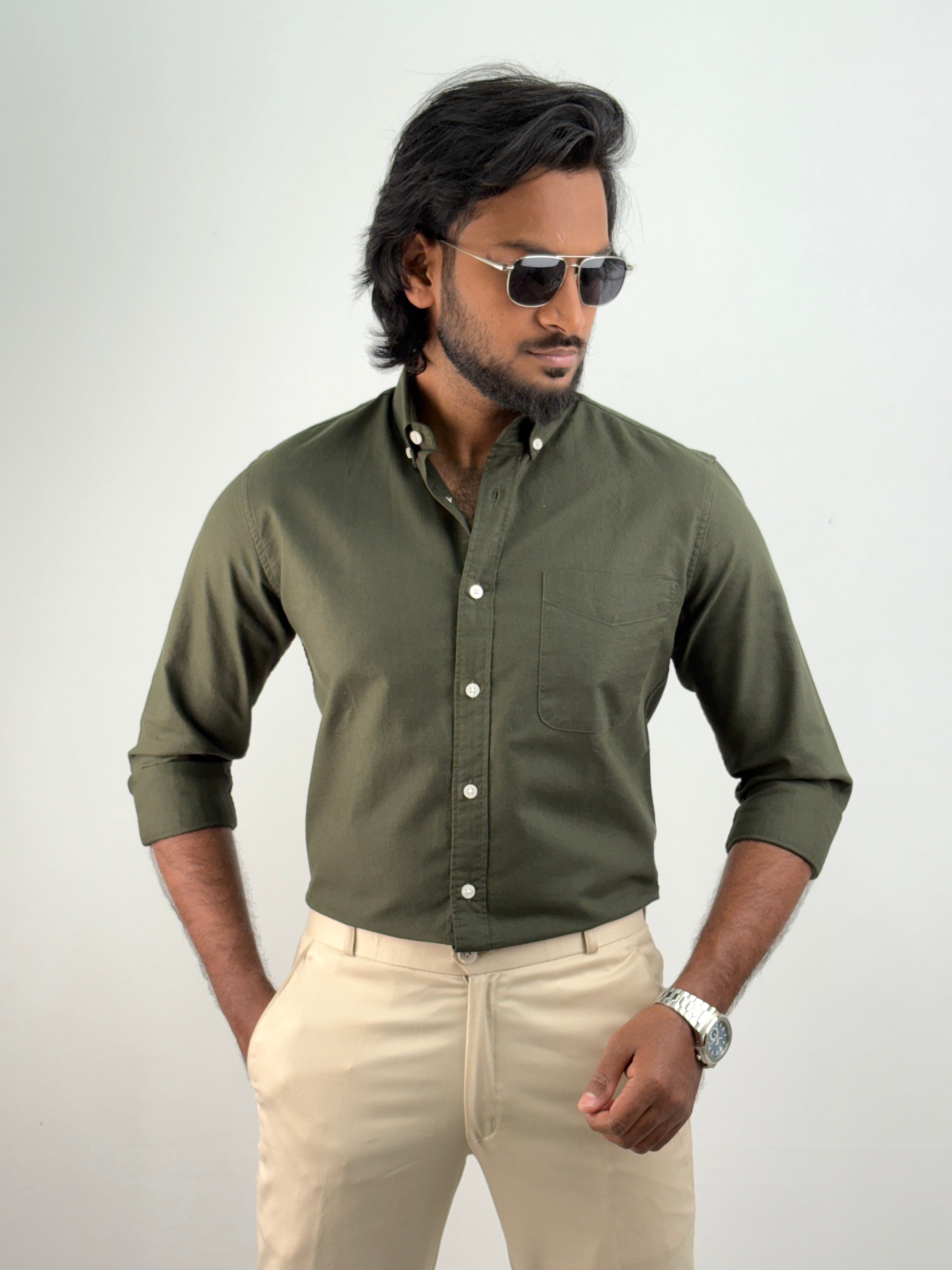 Dark Green Plain Oxford Shirt 2