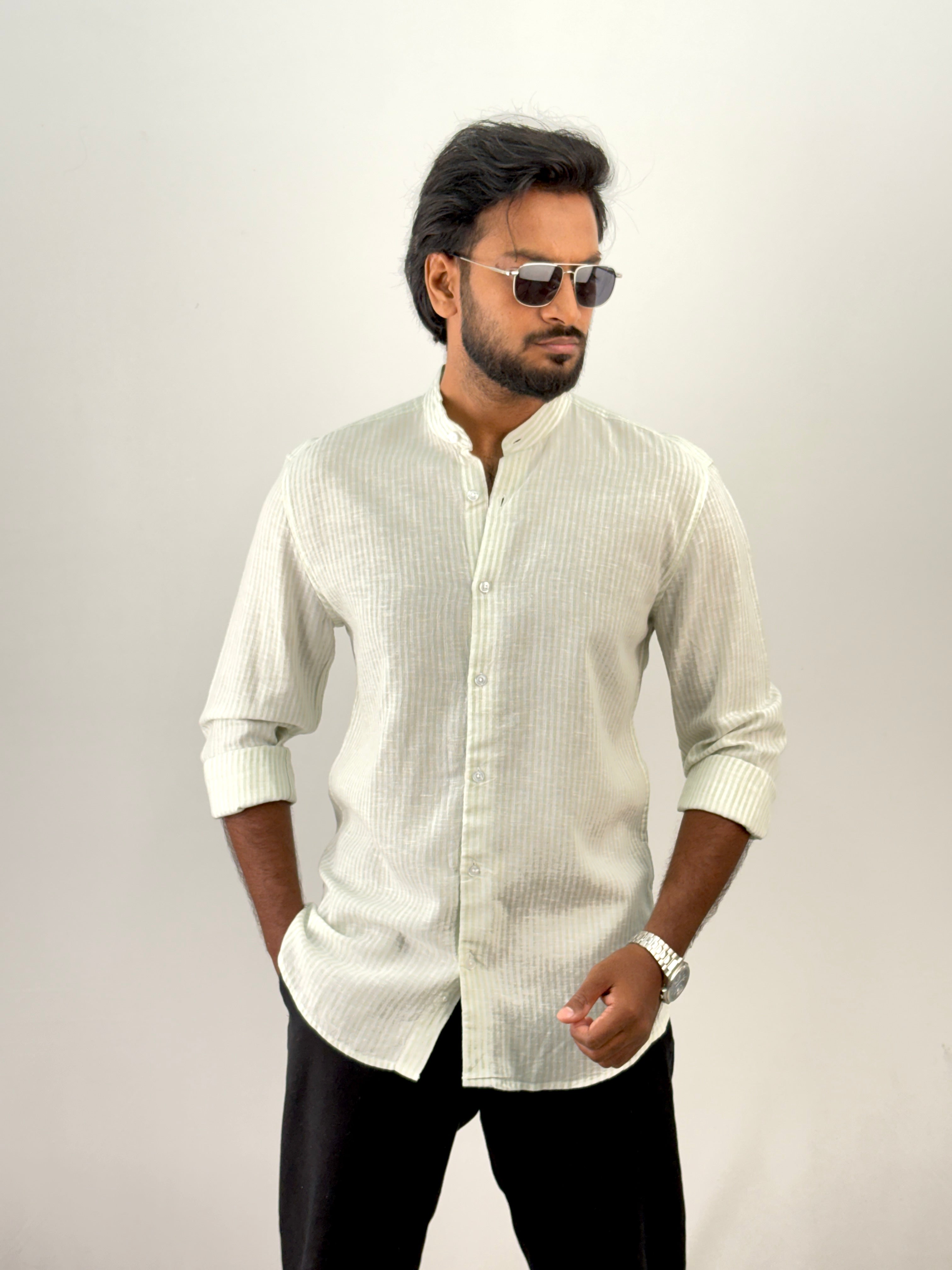 Green Mandarin Collar Linen Stripe Shirt