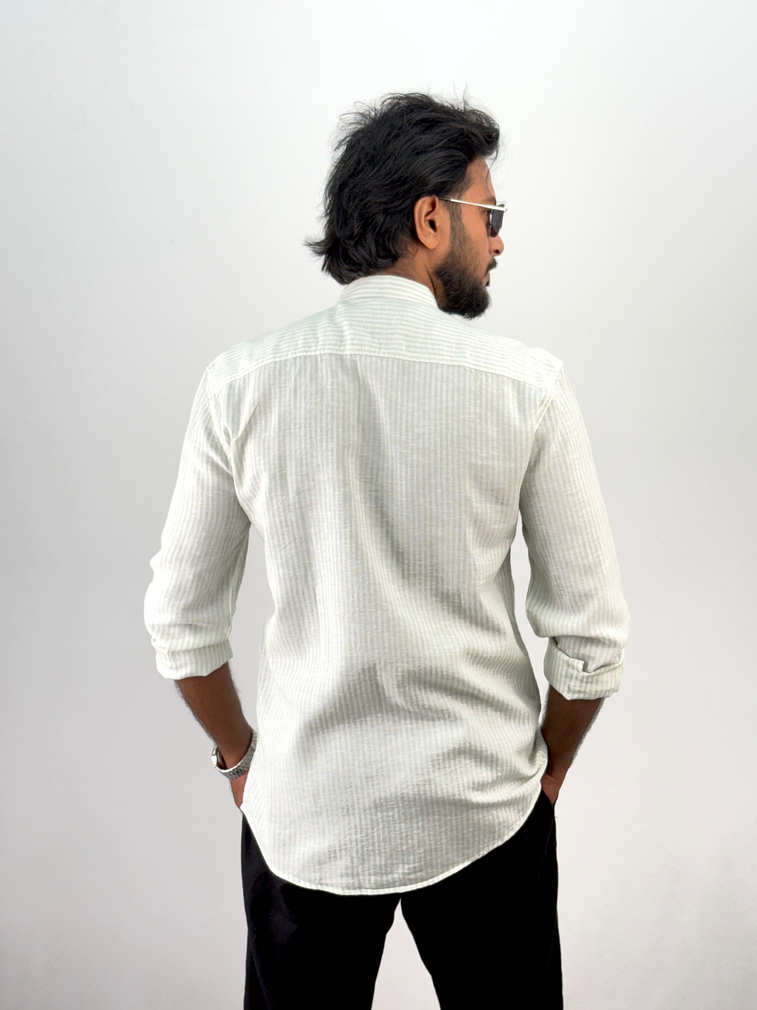 Green Mandarin Collar Linen Stripe Shirt