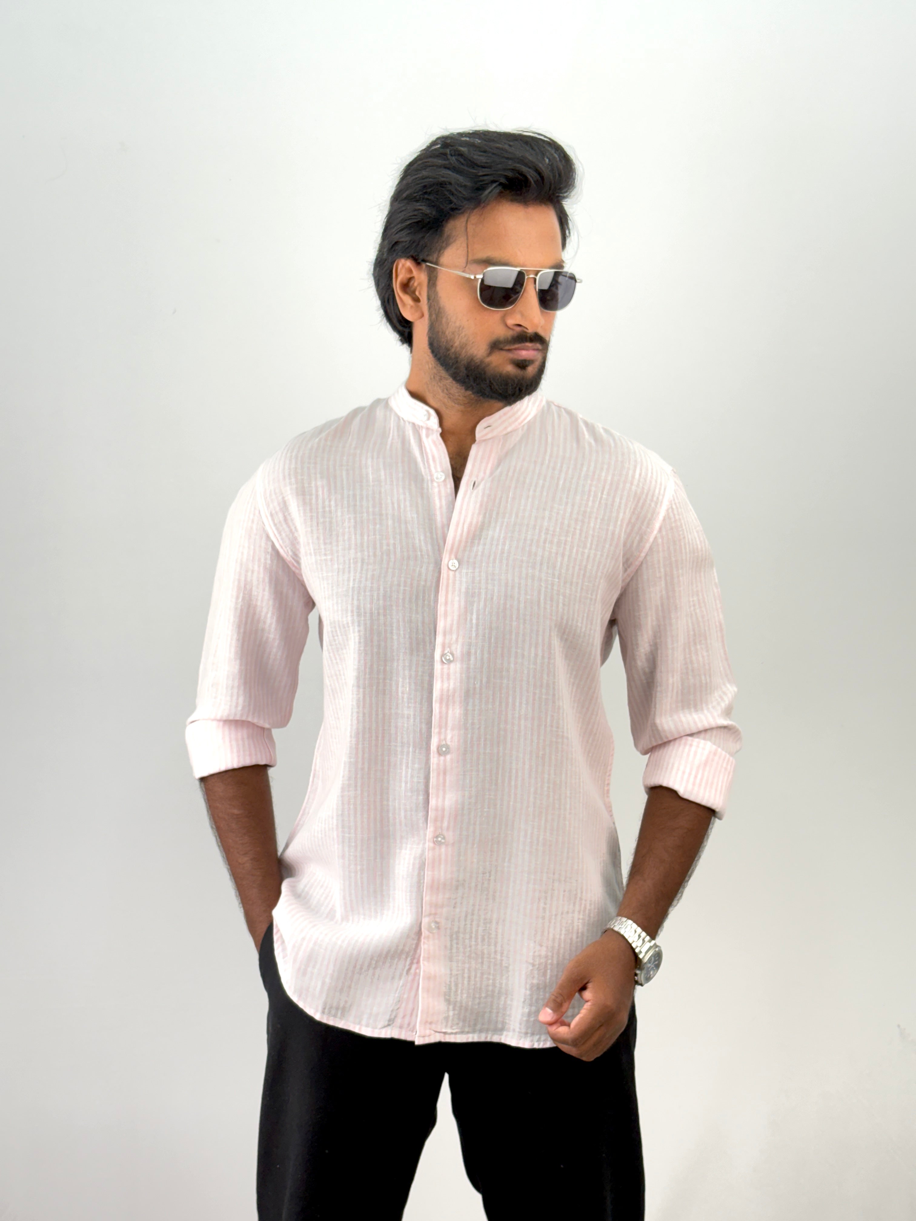Pink Mandarin Collar Linen Stripe Shirt