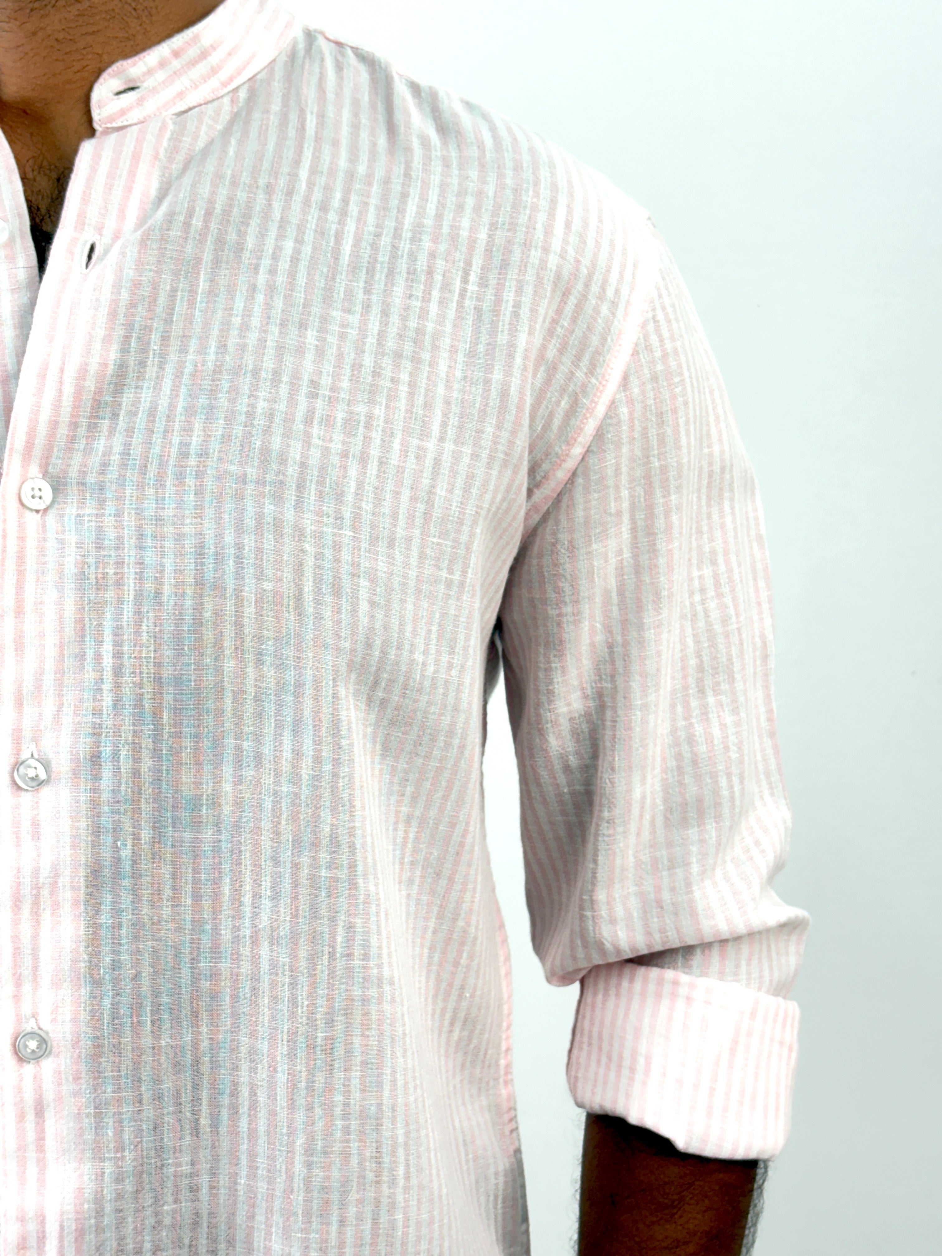 Pink Mandarin Collar Linen Stripe Shirt