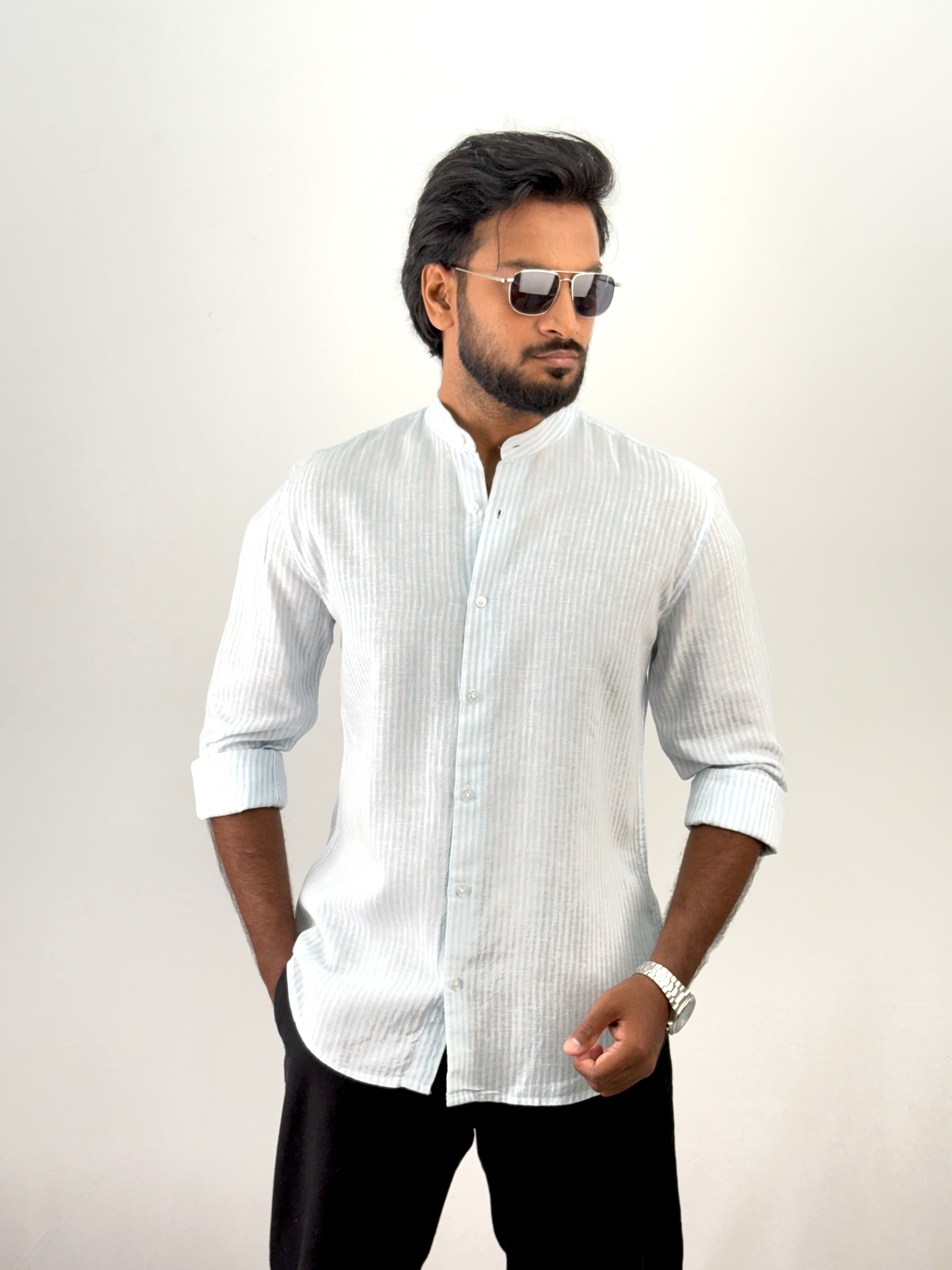 Ice Blue Mandarin Collar Linen Stripe Shirt