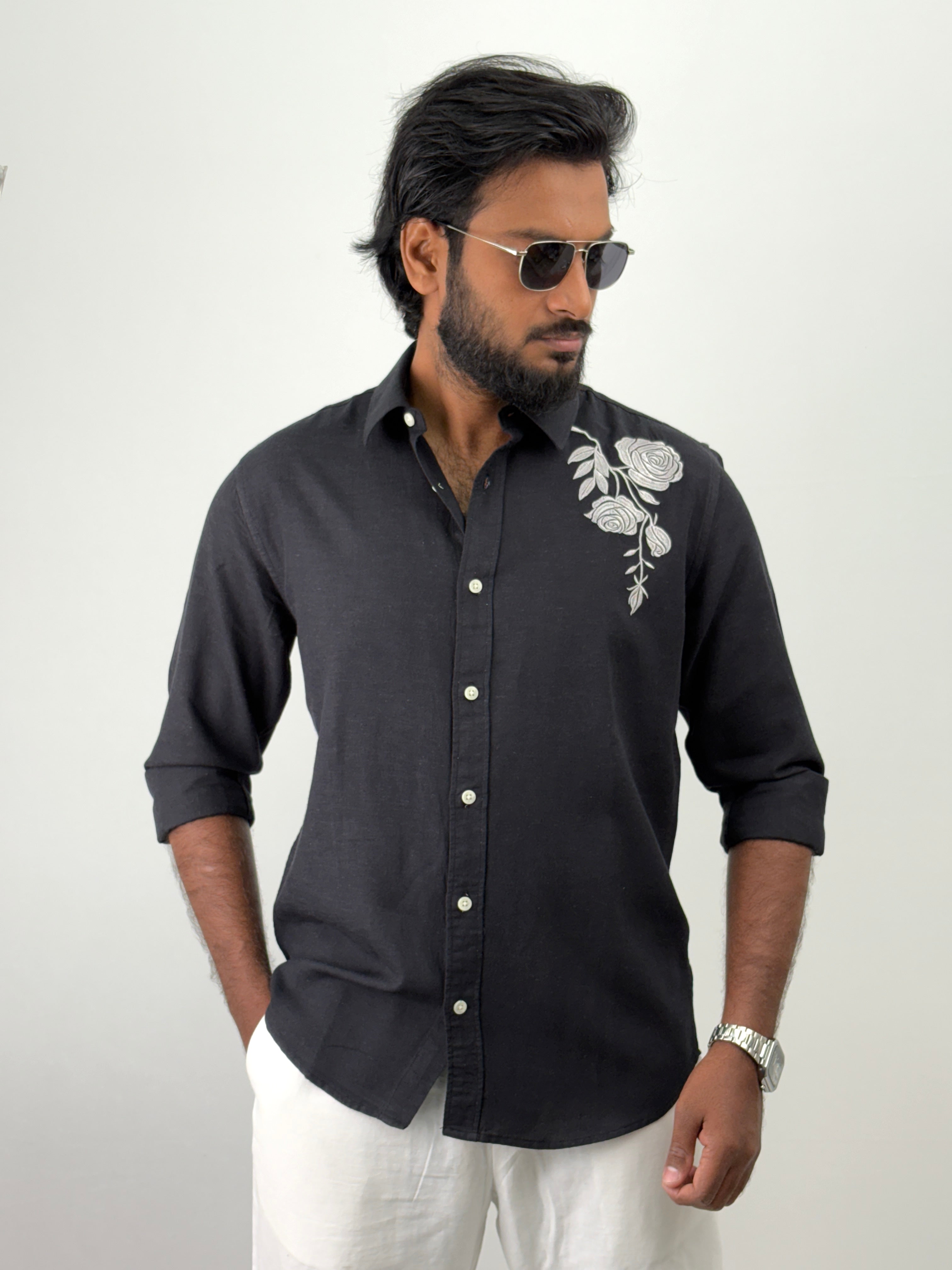 Black Linen Embroidery Shirts