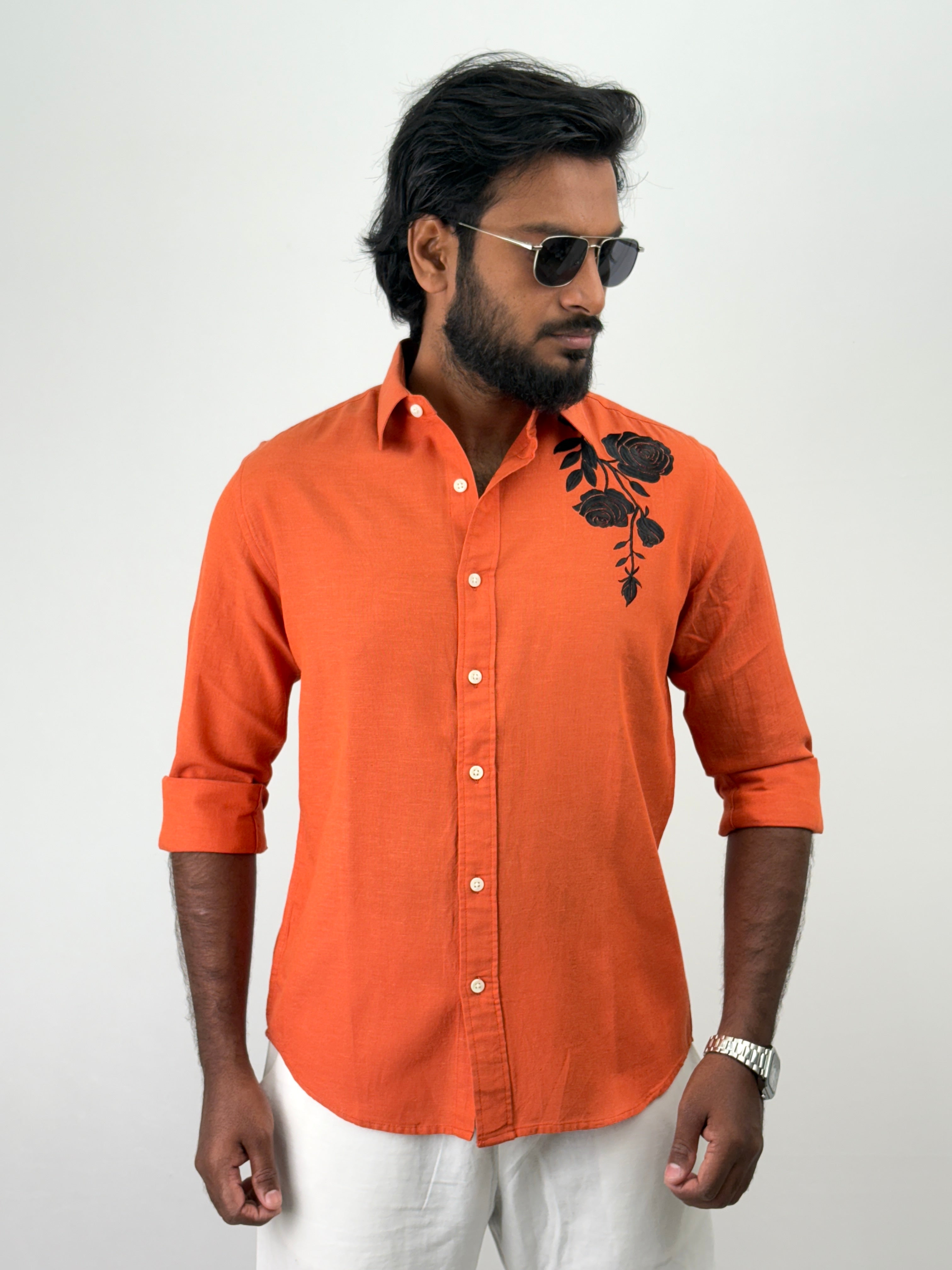 Orange Linen Embroidery Shirts