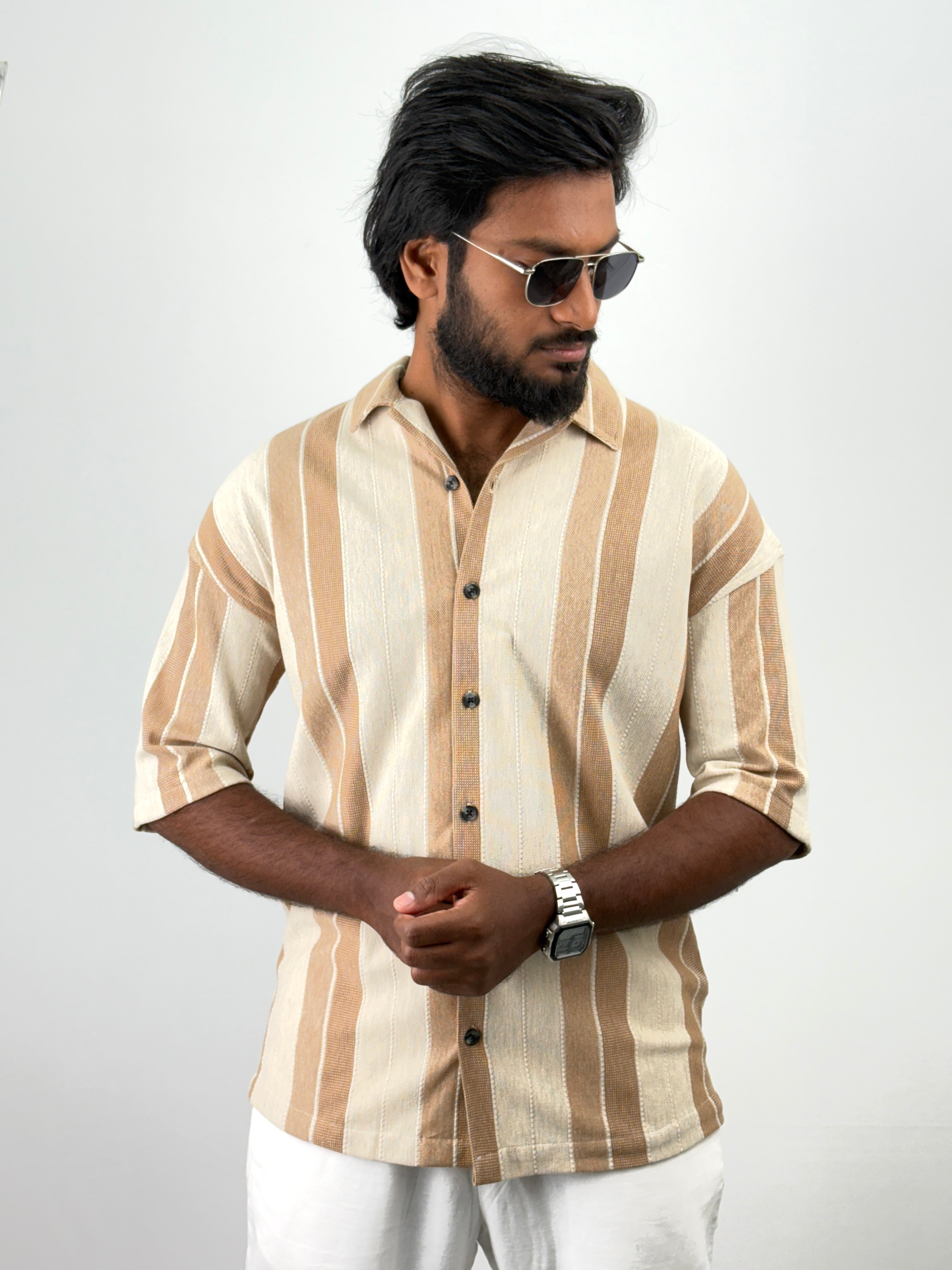 Beige Half Sleeve Stripe Shirts