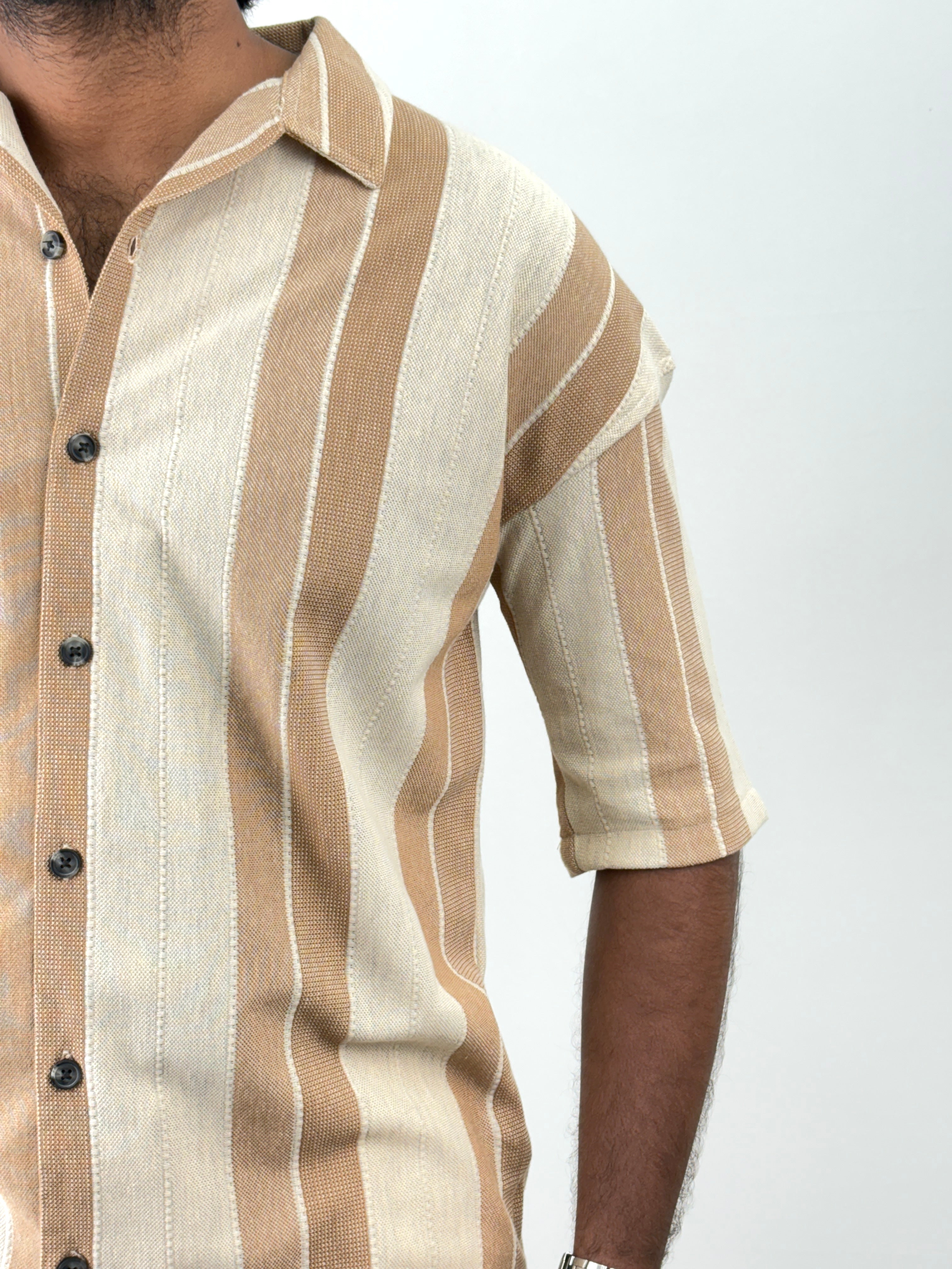 Beige Half Sleeve Stripe Shirts