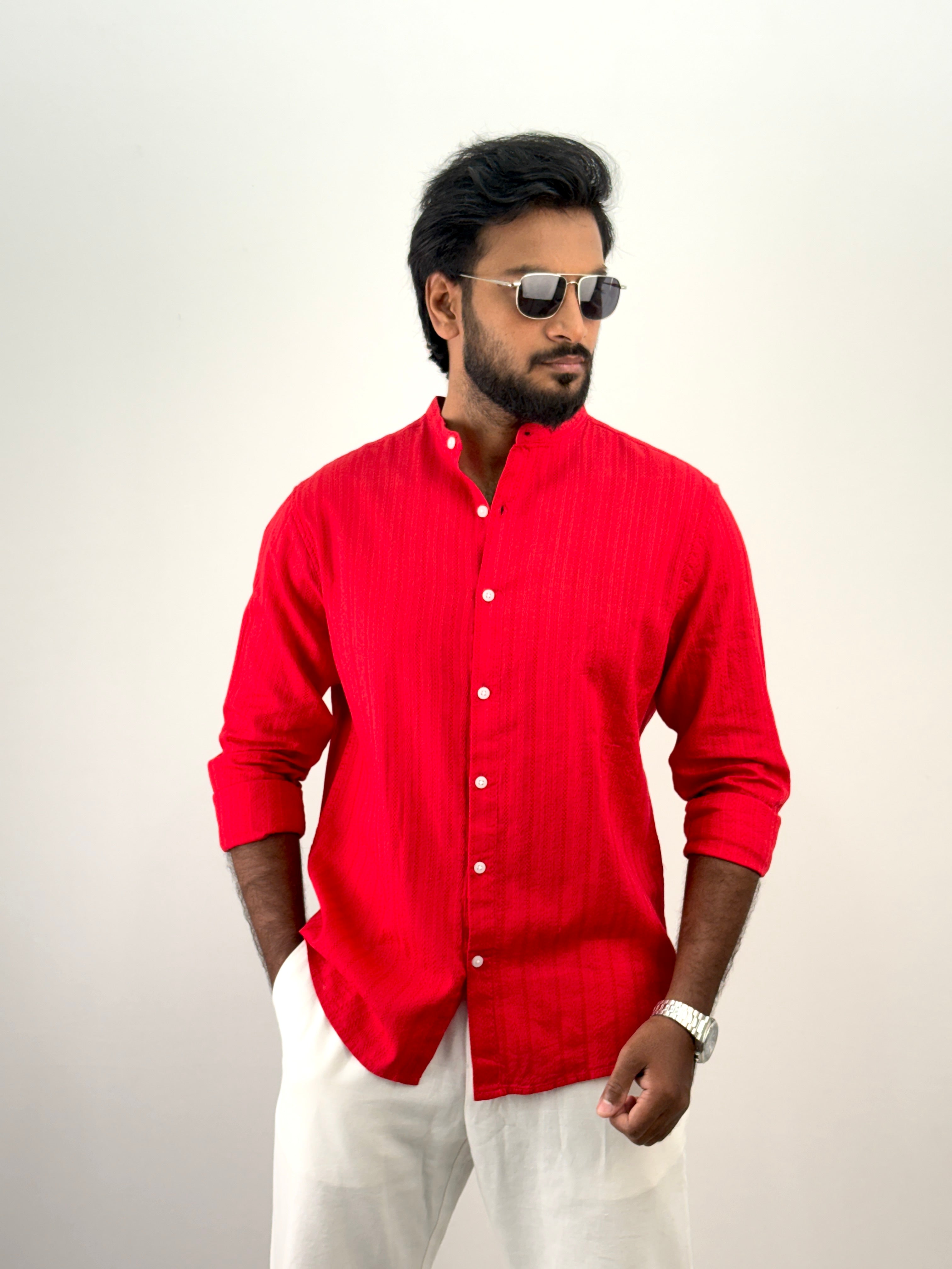 Red Mandarin Collar Textured Shirt
