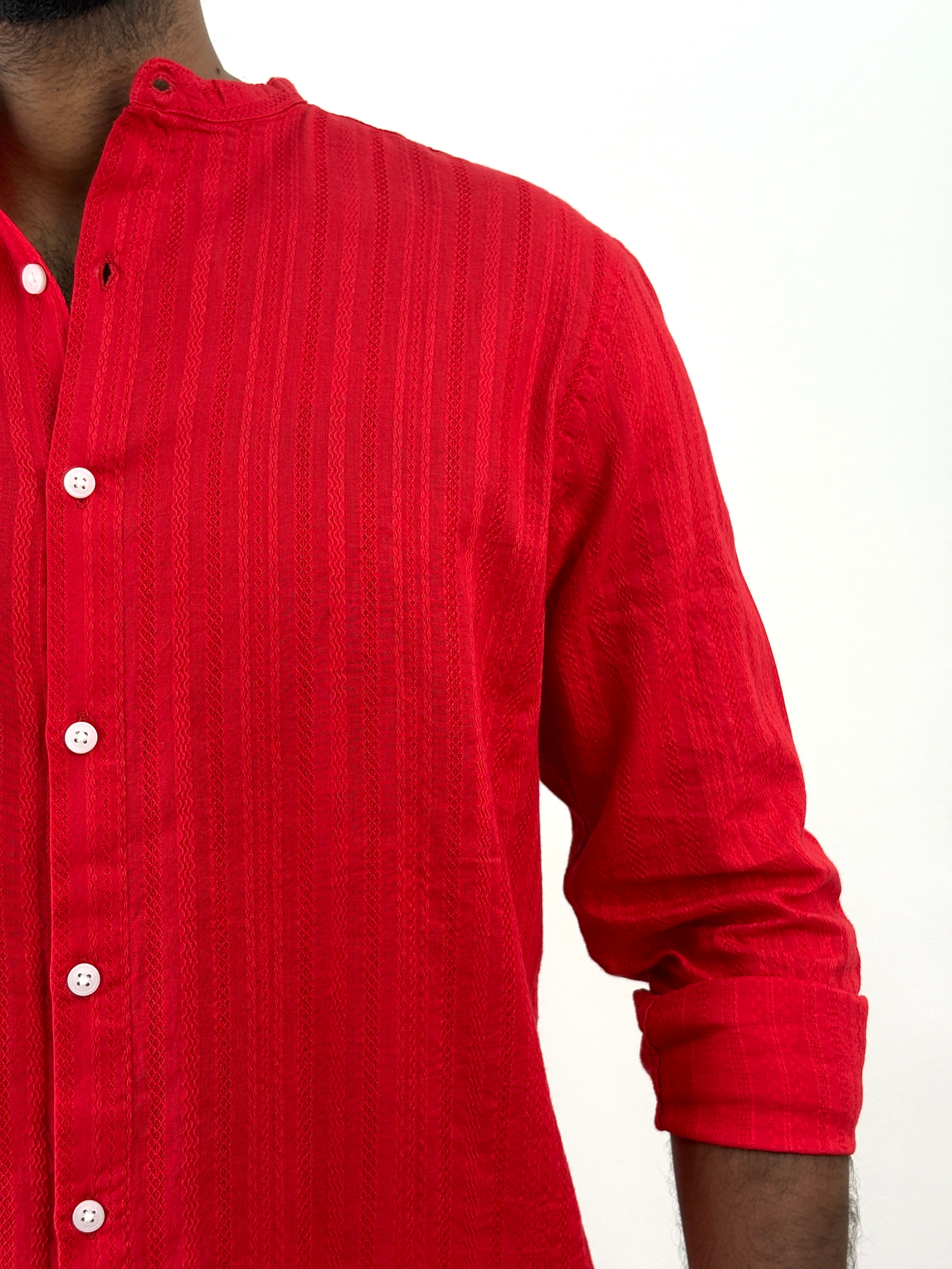 Red Mandarin Collar Textured Shirt