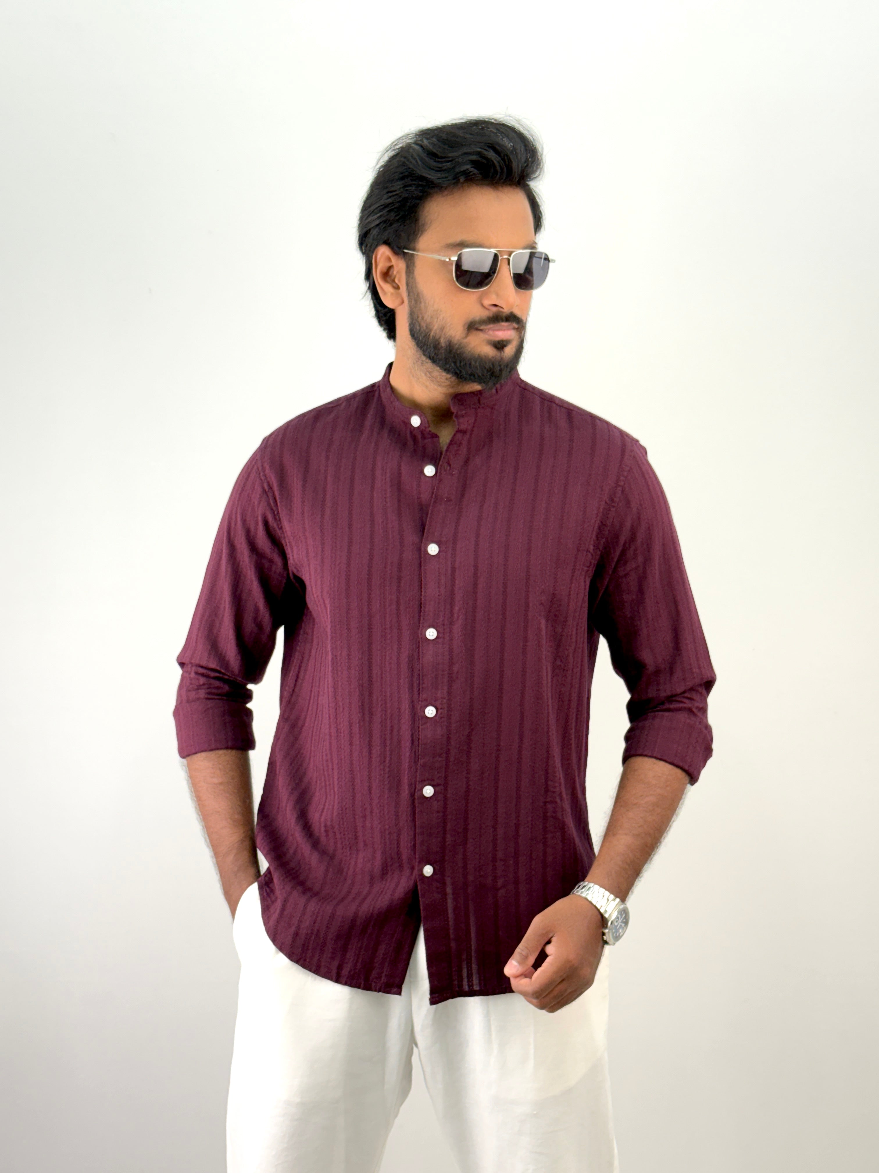Wine Mandarin Collar Textured Shirt