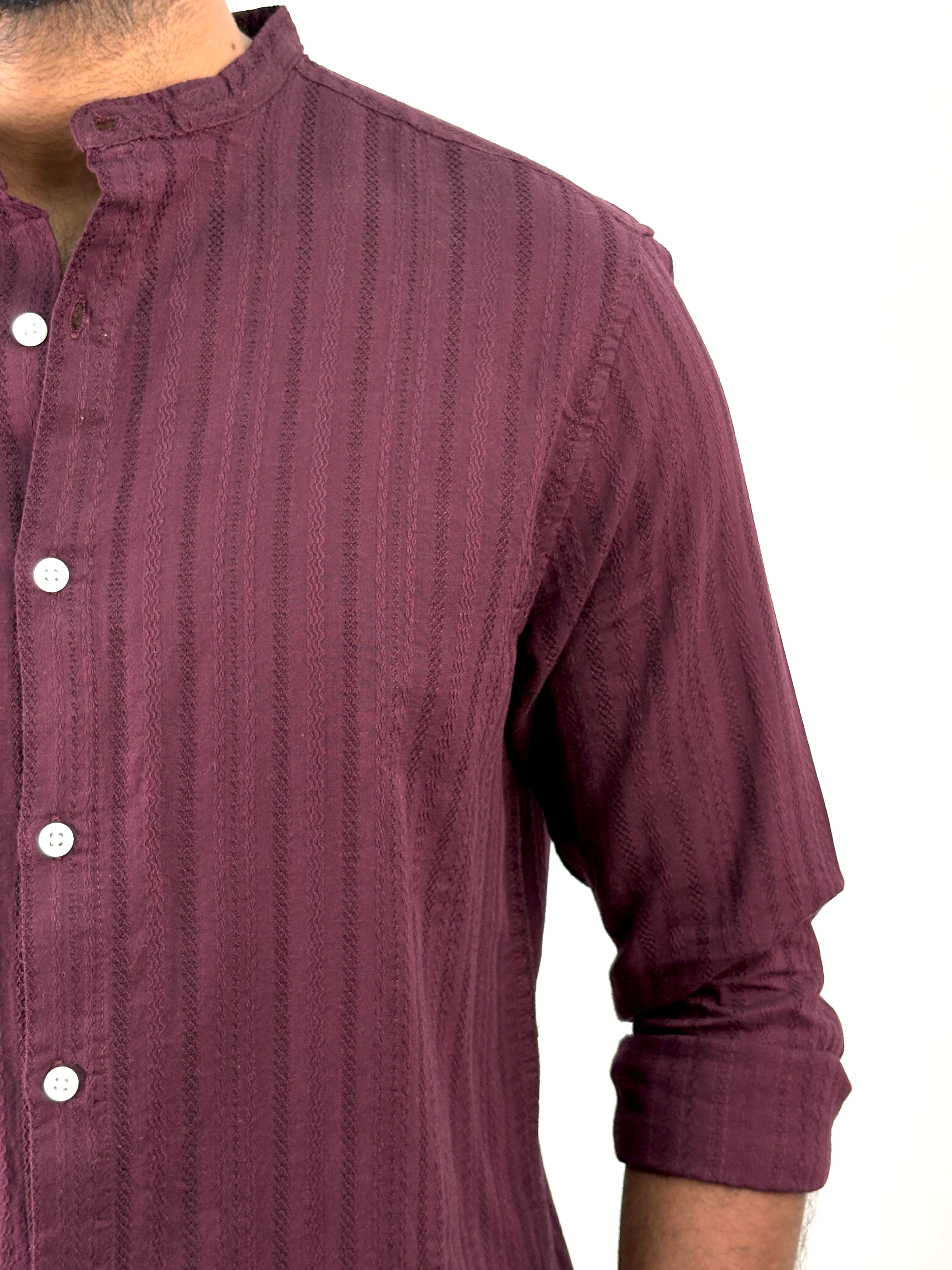 Wine Mandarin Collar Textured Shirt