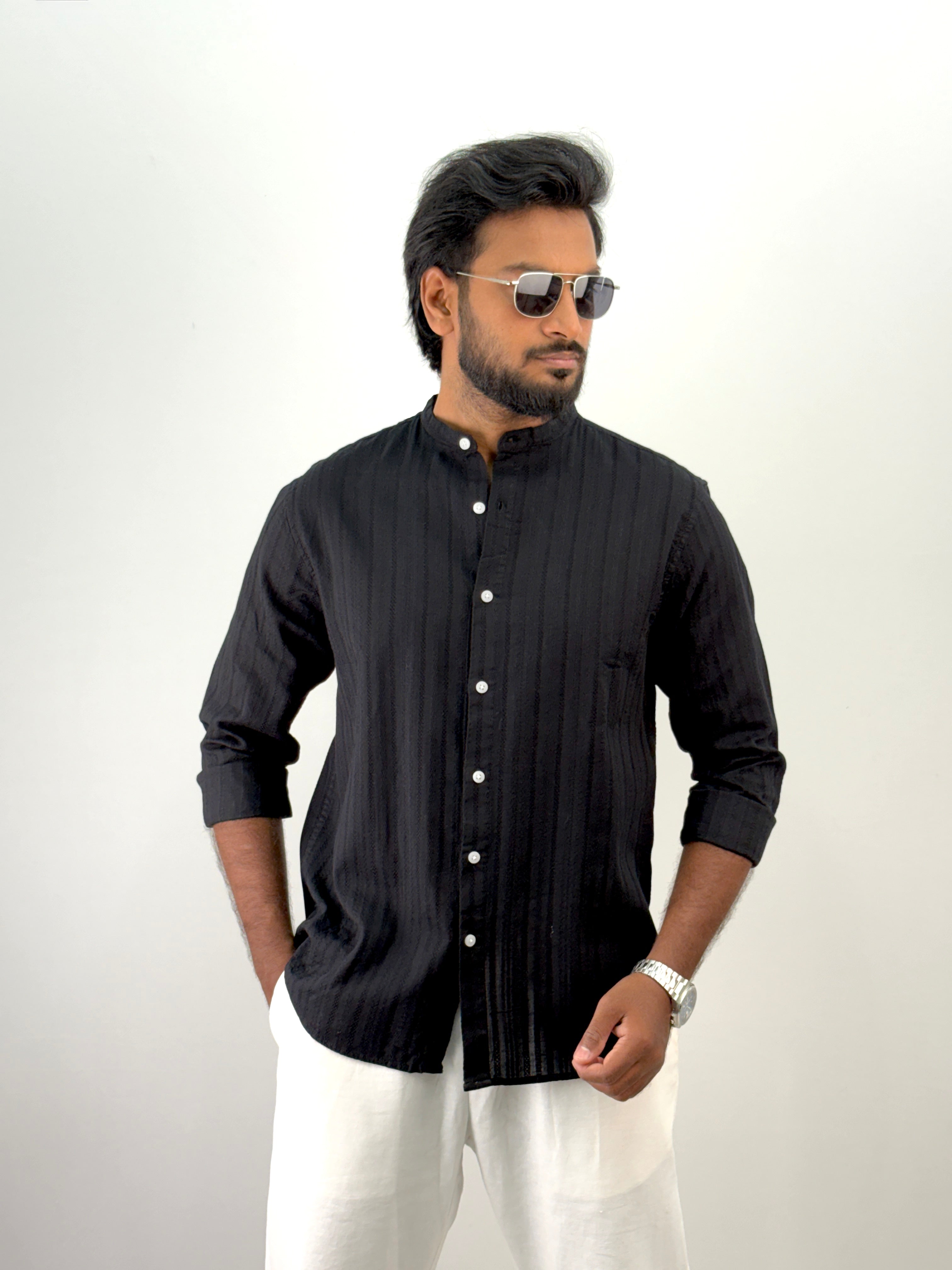 Black Mandarin Collar Textured Shirt