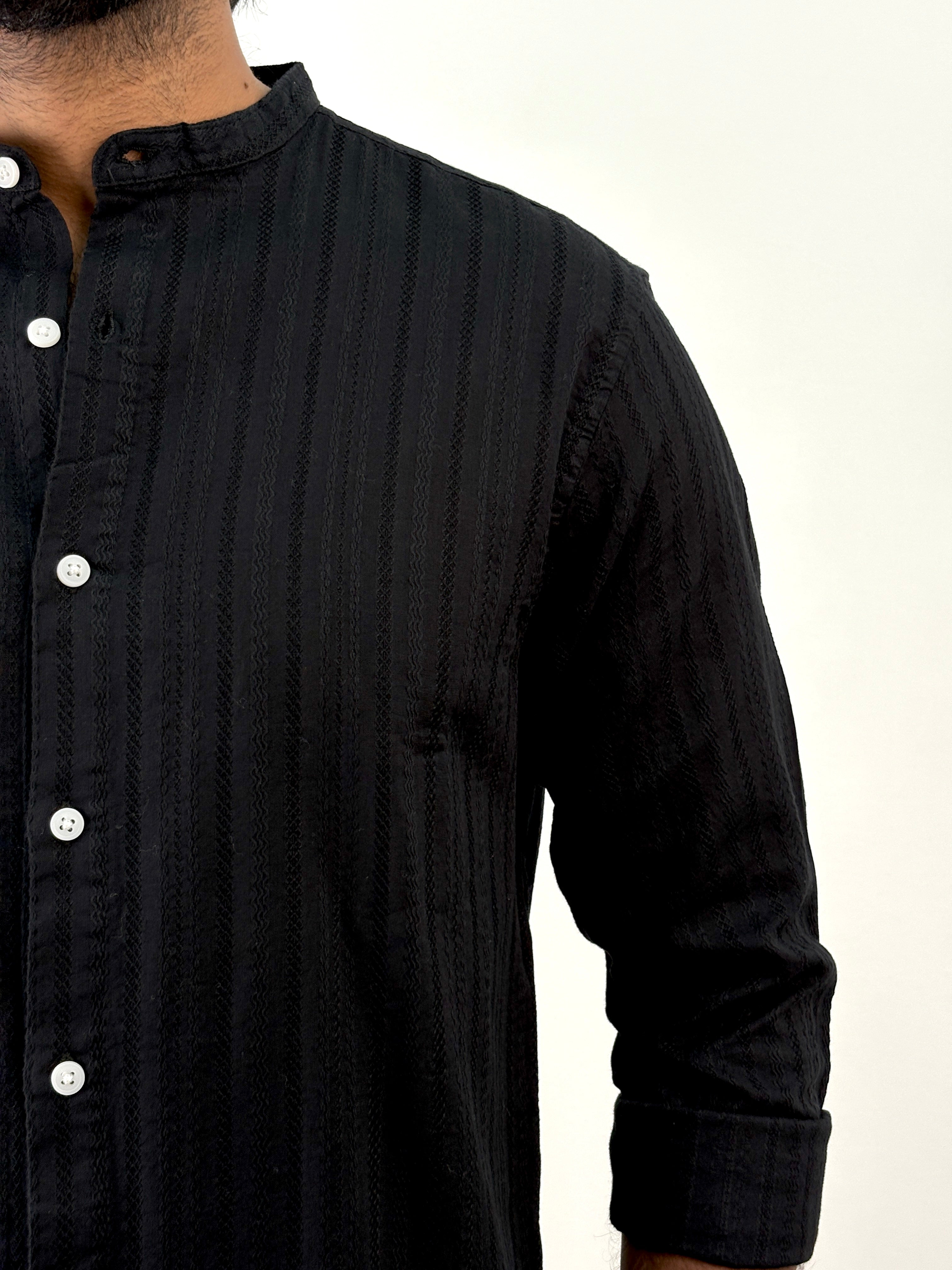 Black Mandarin Collar Textured Shirt