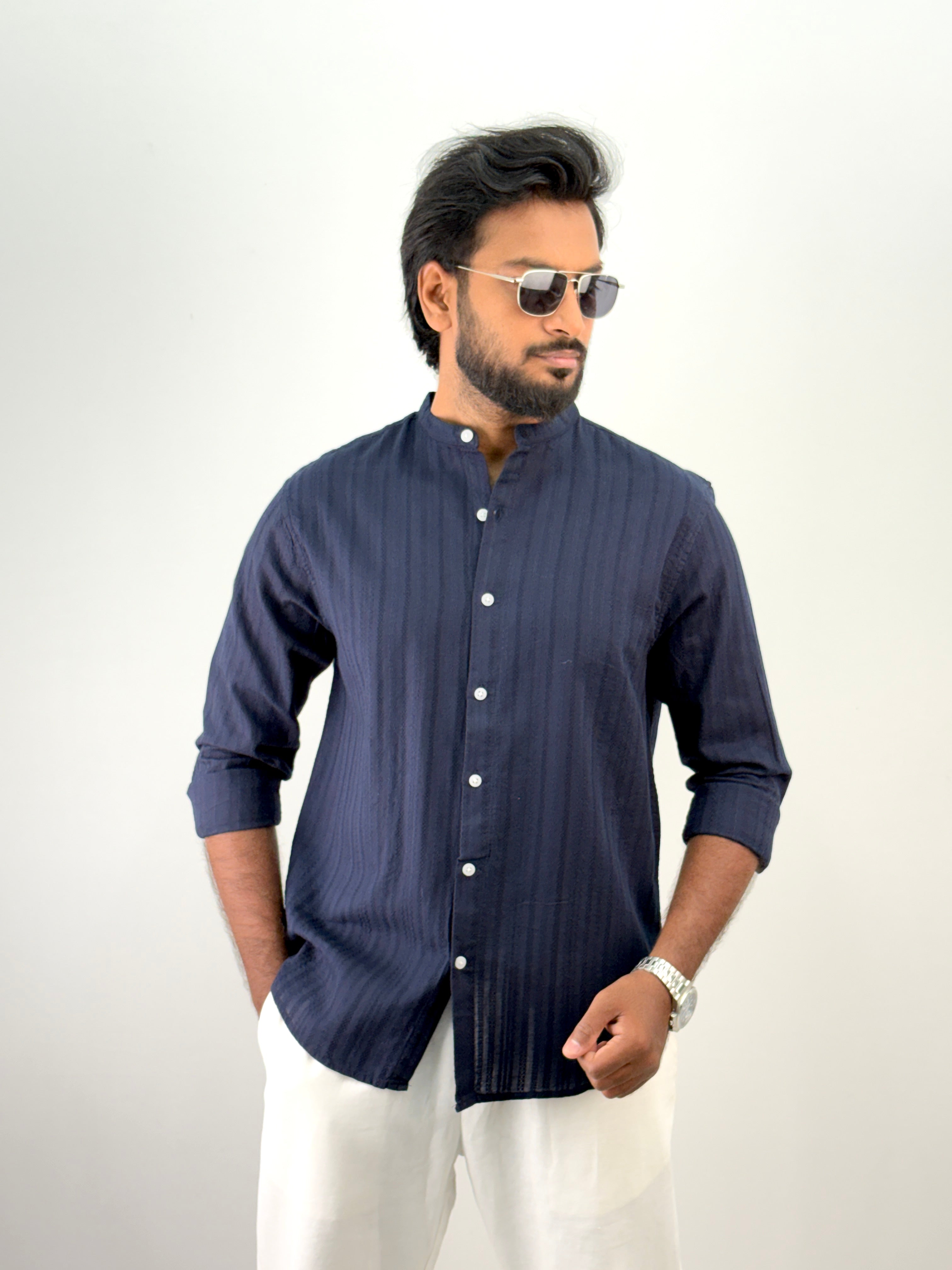 Navy Mandarin Collar Textured Shirt