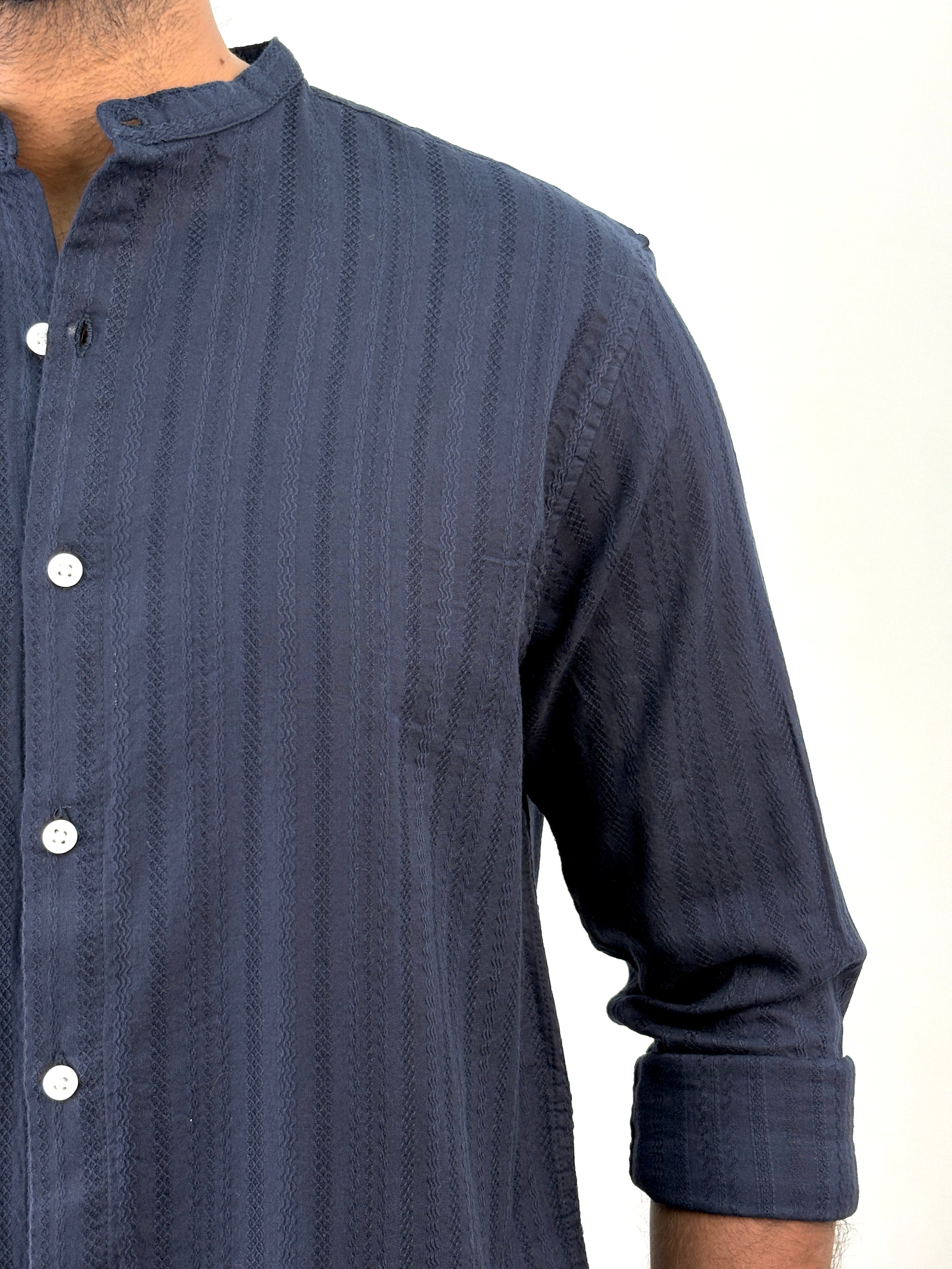 Navy Mandarin Collar Textured Shirt
