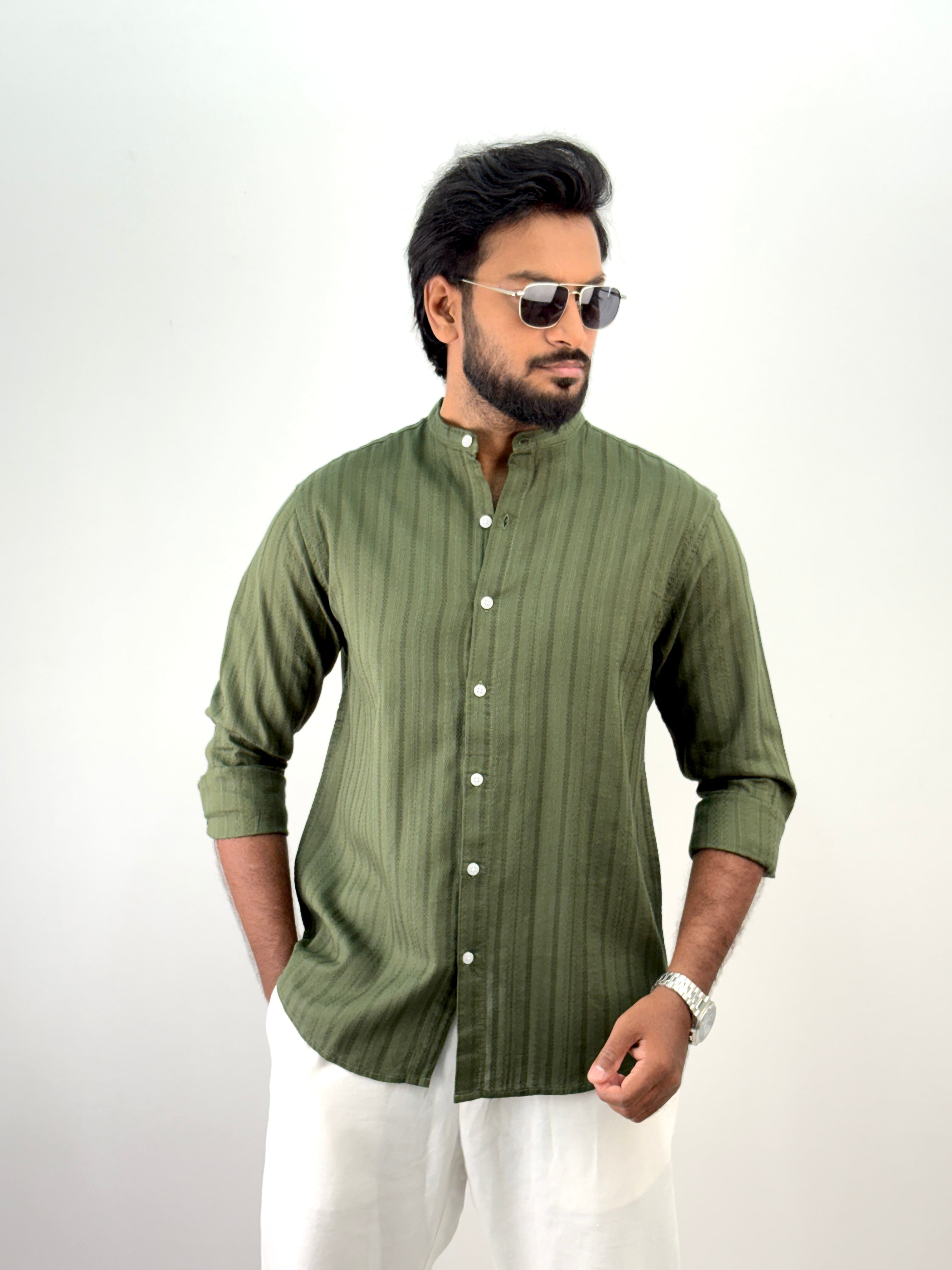 Green Mandarin Collar Textured Shirt