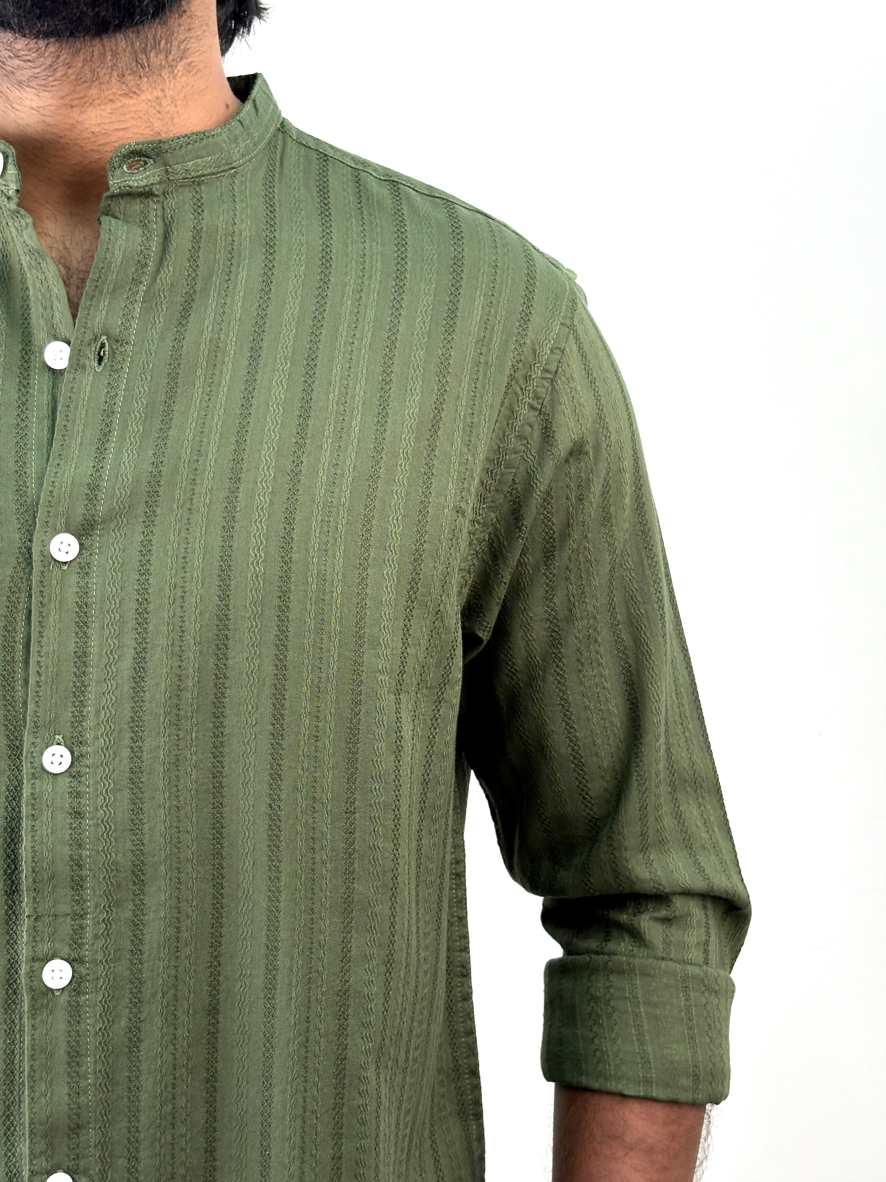 Green Mandarin Collar Textured Shirt