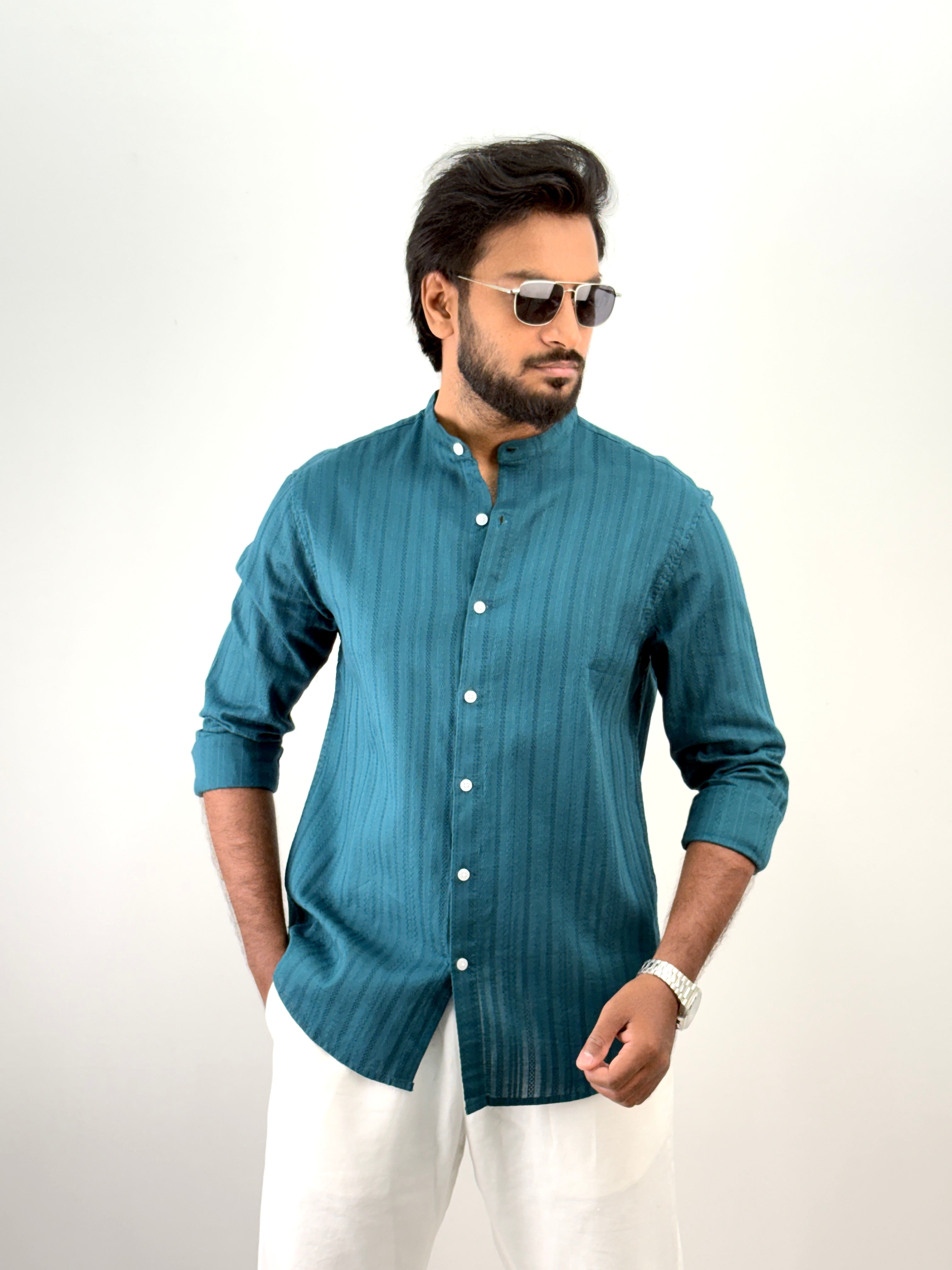 Peacock Mandarin Collar Textured Shirt