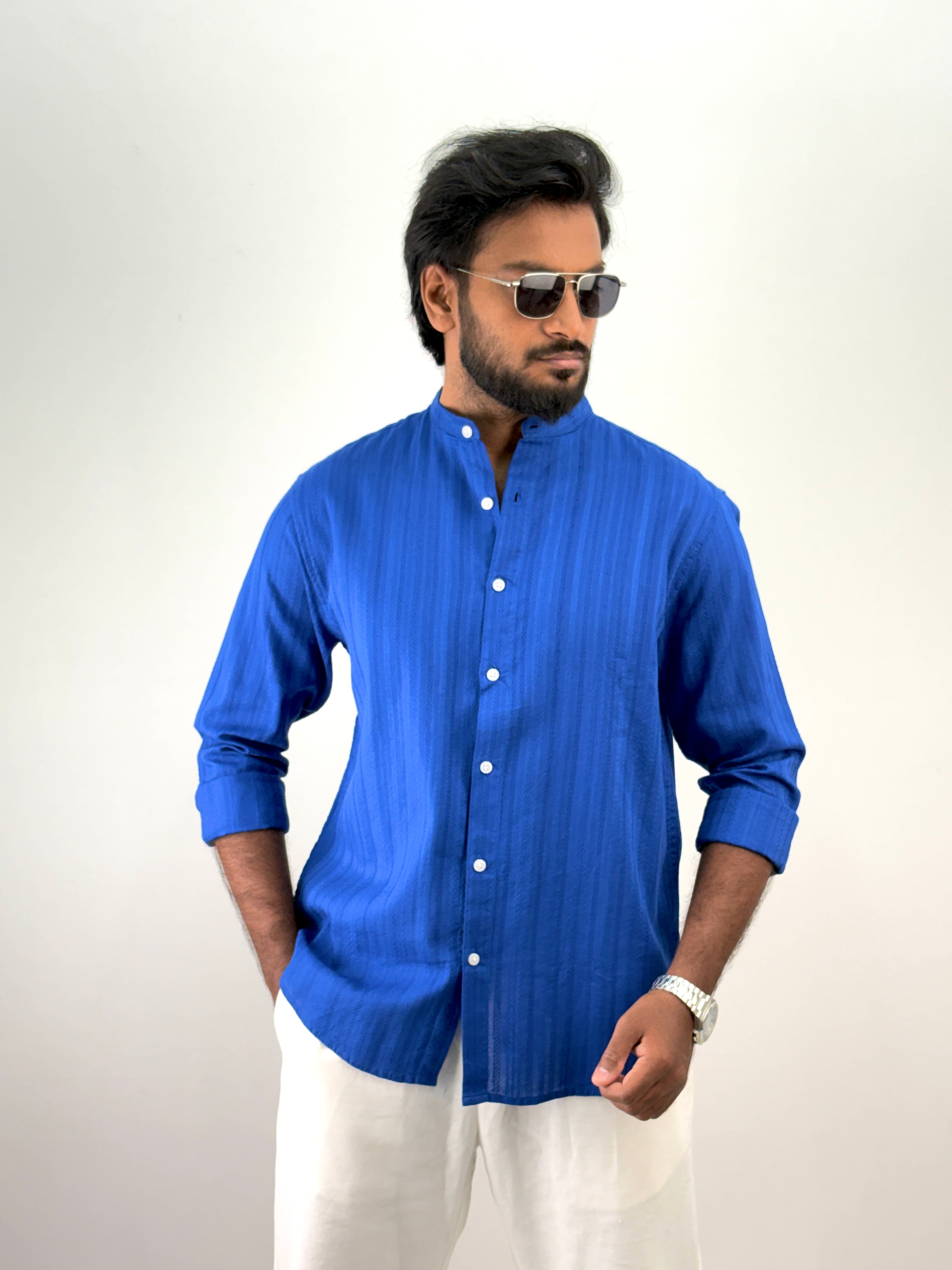 Blue Mandarin Collar Textured Shirt