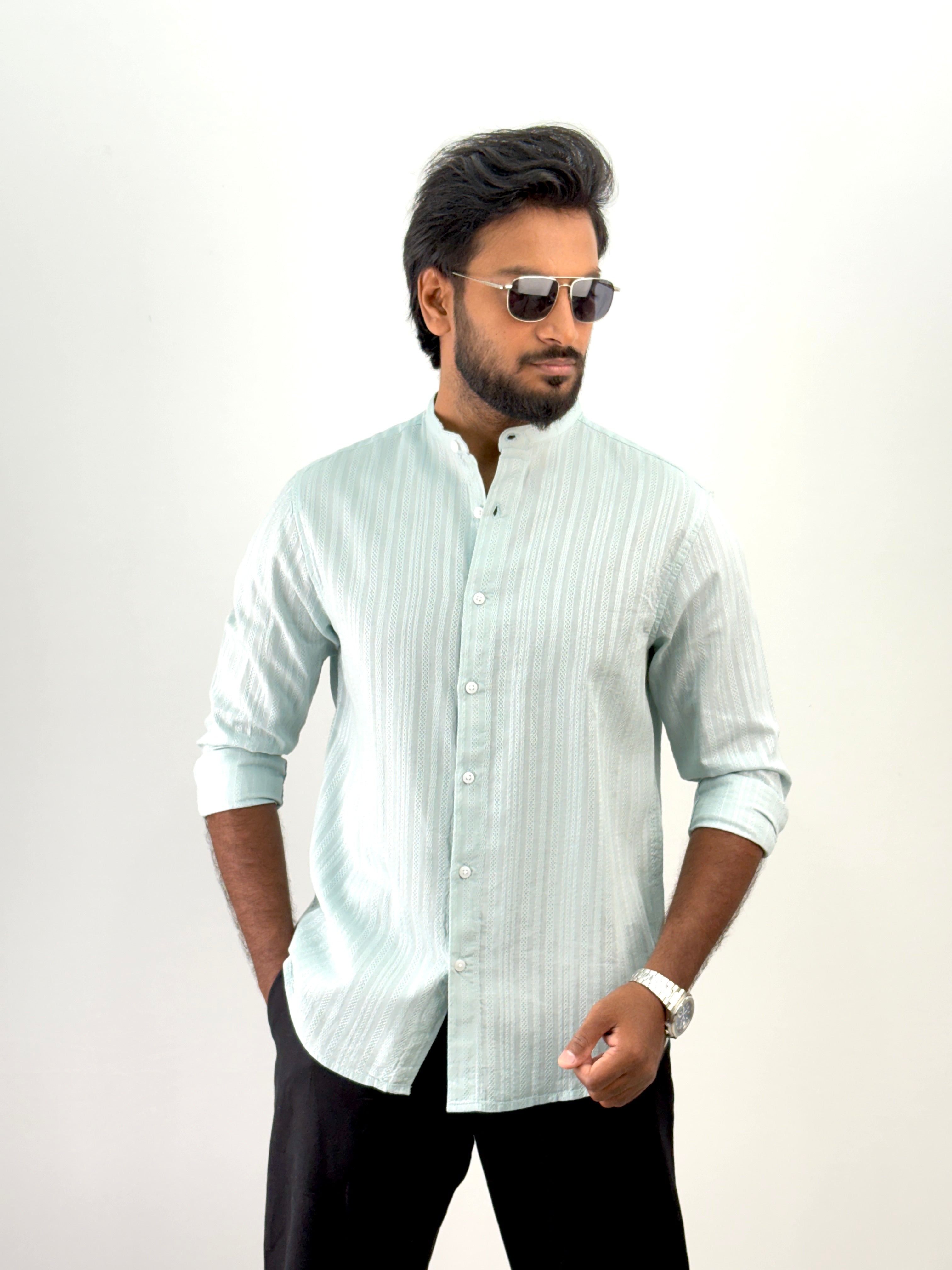 Light Green Mandarin Collar Textured Shirt